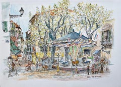 Vintage French Watercolor of Menton’s Place des Herbes with Carousel and Market Scene