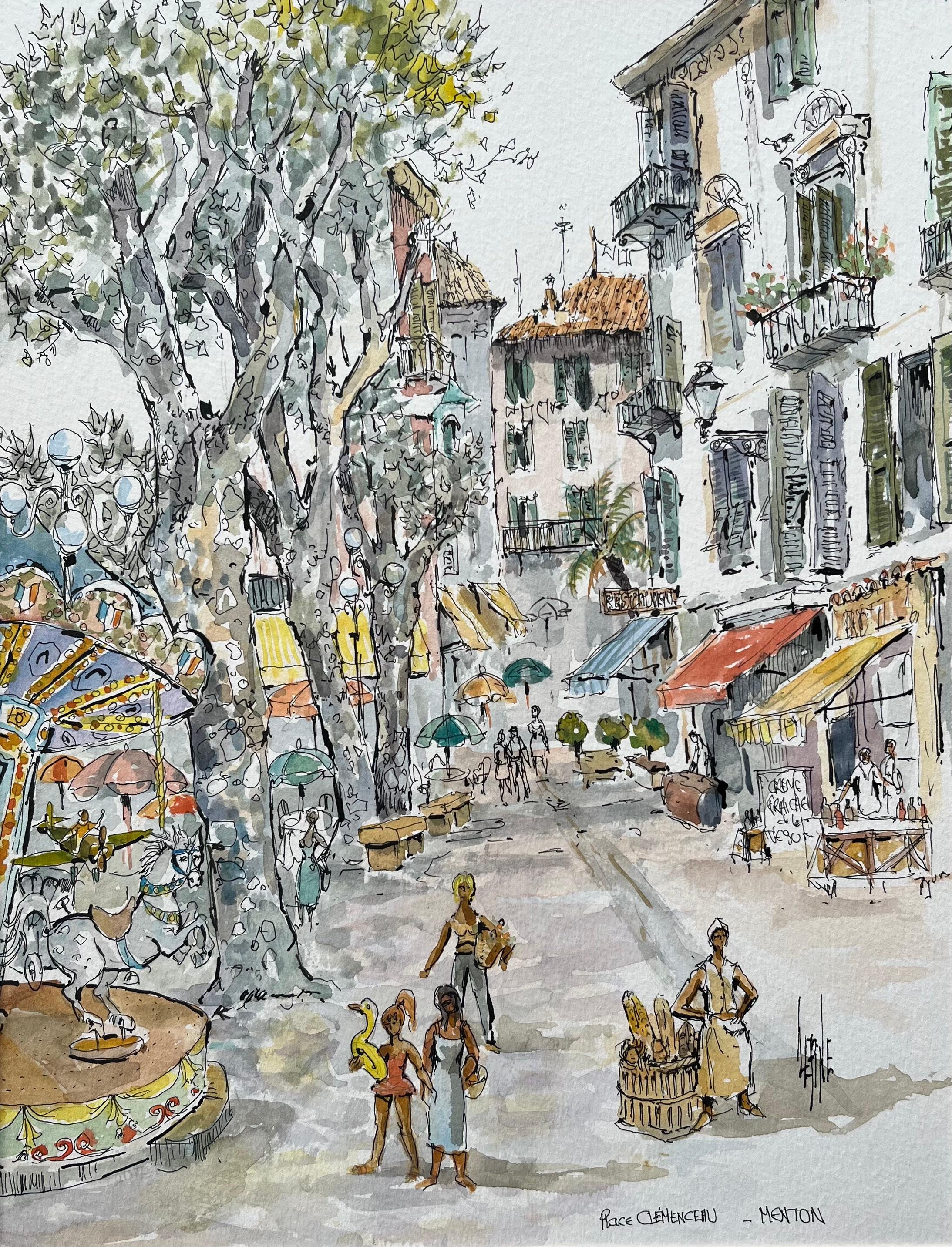 Acuarela francesa de la Plaza Clemenceau en Menton con carrusel y escena de mercado
