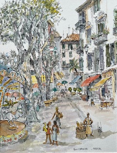 Acuarela francesa de la Plaza Clemenceau en Menton con carrusel y escena de mercado