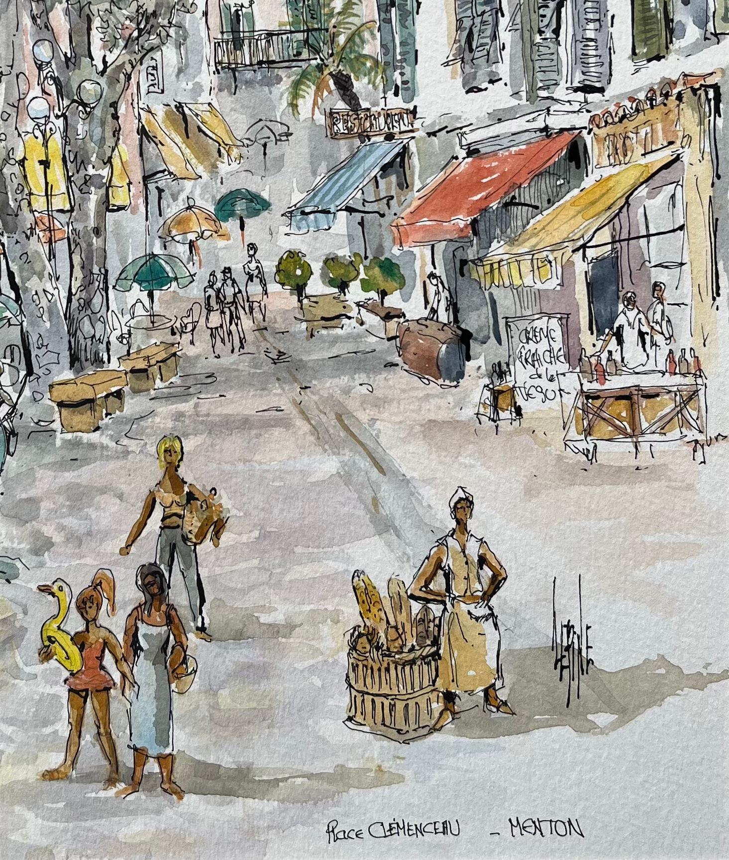 Französisches Aquarell des Place Clemenceau in Menton mit Karussell- und Marktszene, Französisch (Französische Schule), Painting, von Robert Lepine (1929 - 2017)