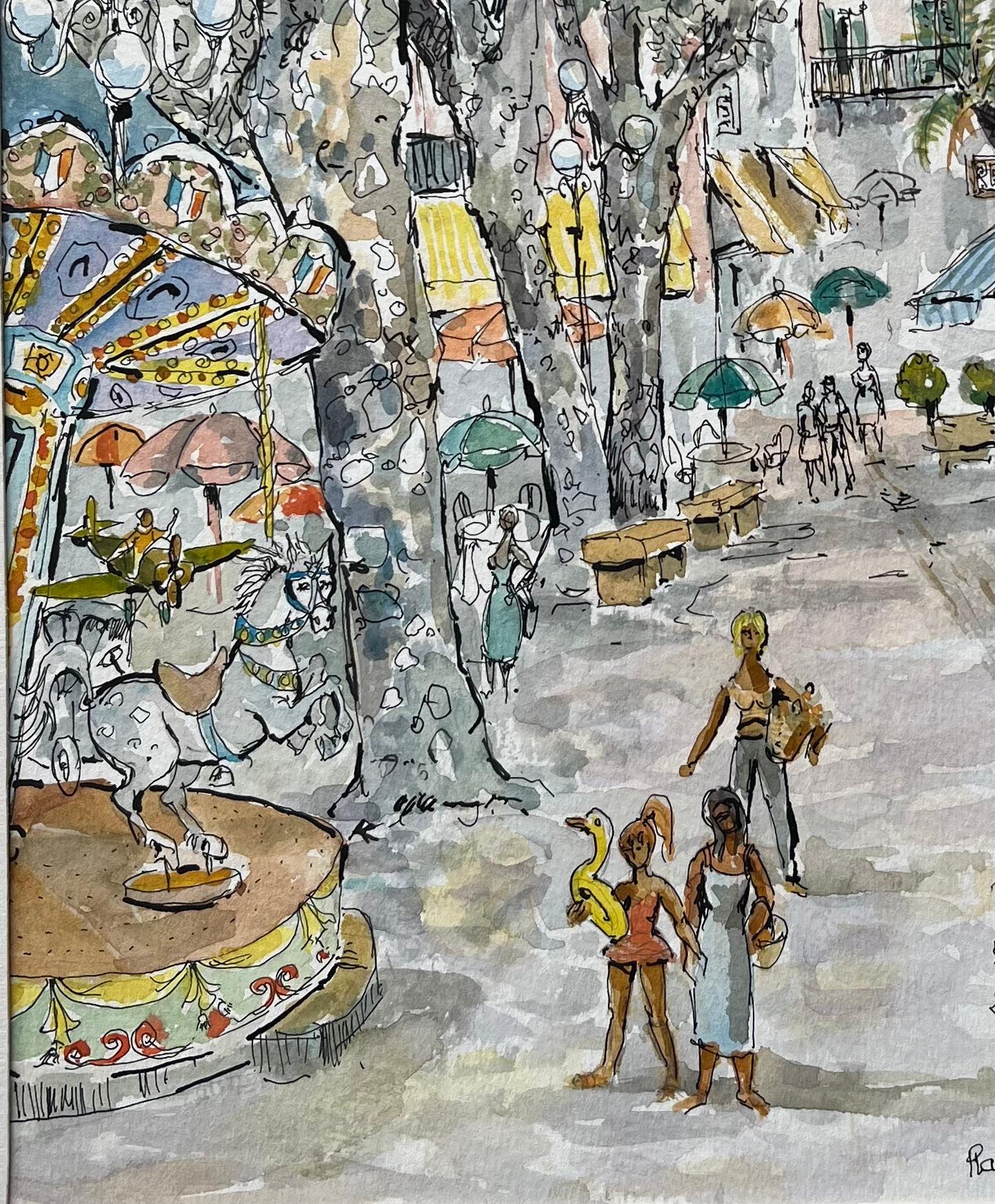 Französisches Aquarell des Place Clemenceau in Menton mit Karussell- und Marktszene, Französisch (Grau), Landscape Painting, von Robert Lepine (1929 - 2017)