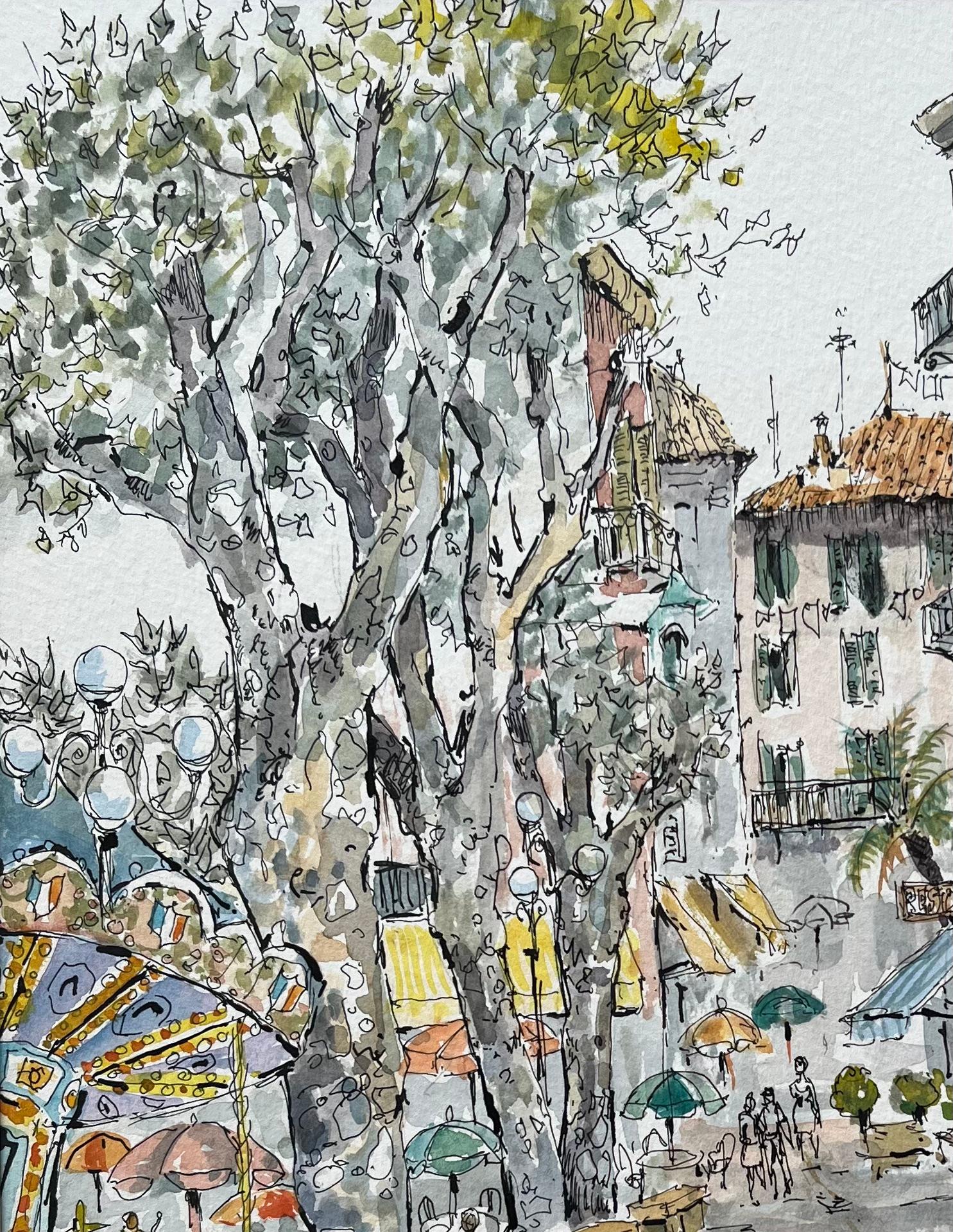 Titel: Französisches Aquarell der Place Clemenceau in Menton mit Karussell und Marktszene
von Robert Lepine (Franzose, 1929 - 2017)
Unterschrieben: Ja
Medium: Aquarellmalerei auf Künstlerpapier, auf Karton aufgezogen
Größe: 15,75 x 11,75 (Höhe x