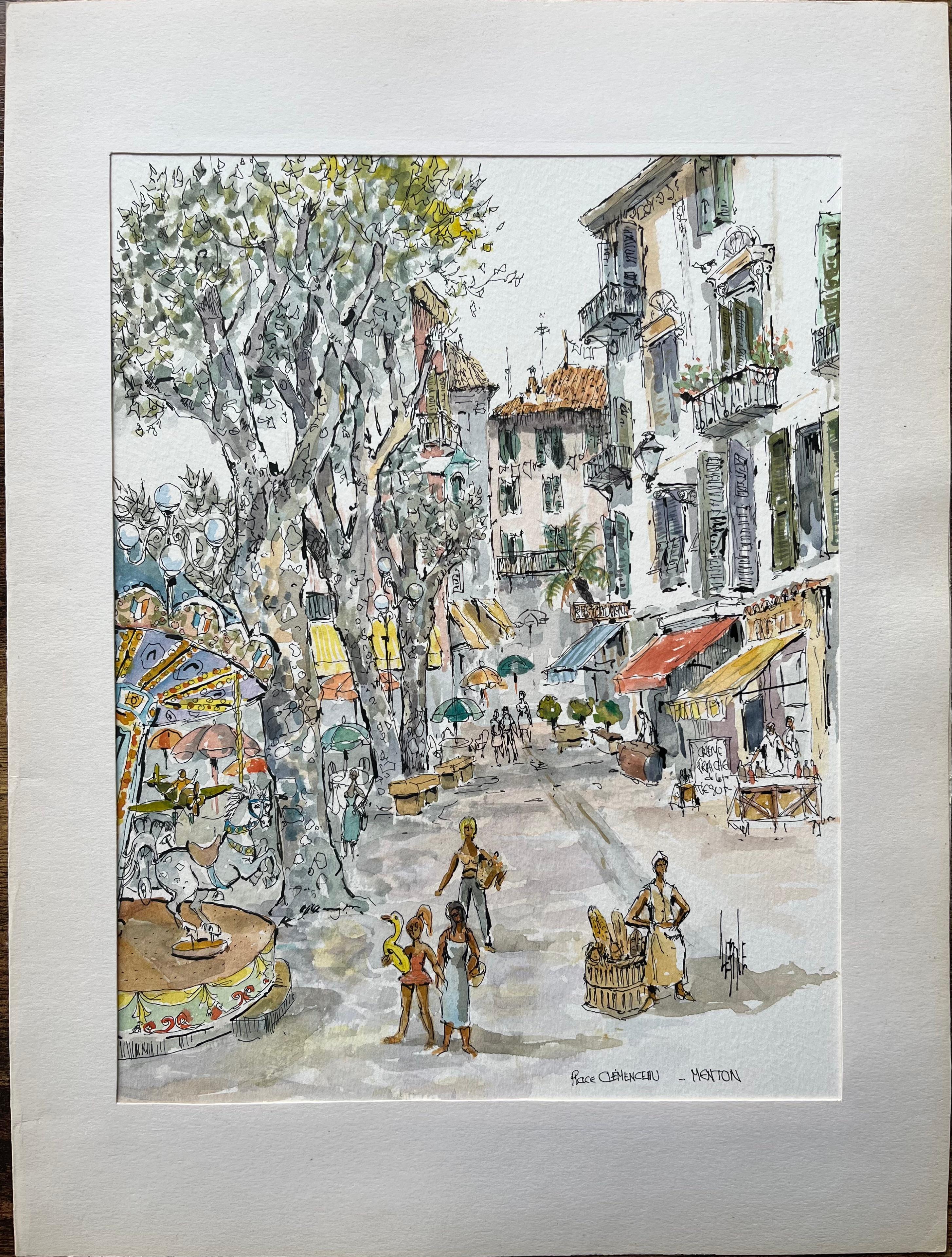 Französisches Aquarell des Place Clemenceau in Menton mit Karussell- und Marktszene, Französisch – Painting von Robert Lepine (1929 - 2017)