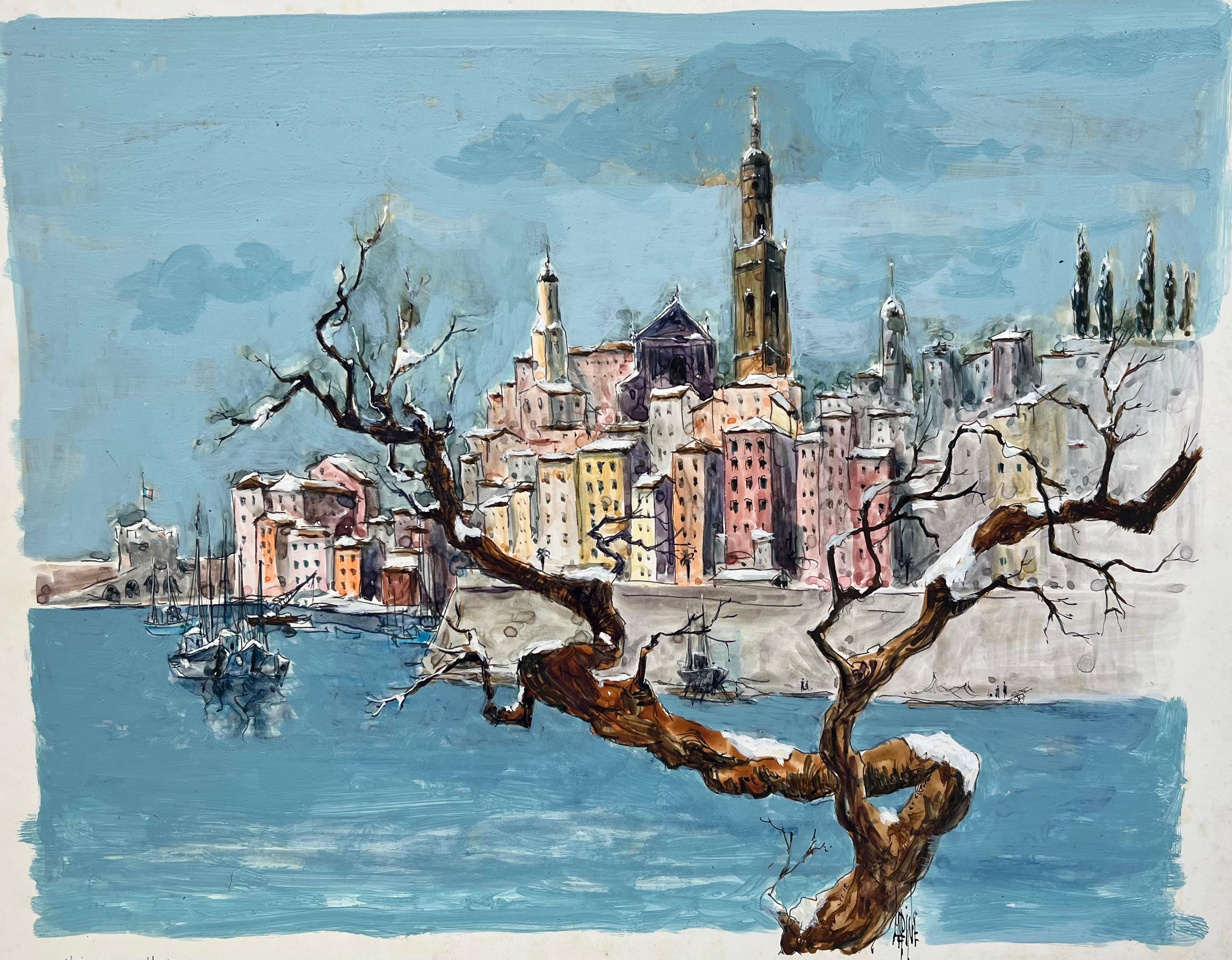 Landscape Painting Robert Lepine (1929 - 2017) - Aquarelle française d'un paysage urbain côtier avec des arbres et des bateaux dénudés