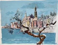 Acuarela francesa de paisaje urbano costero con árbol desnudo y barcos