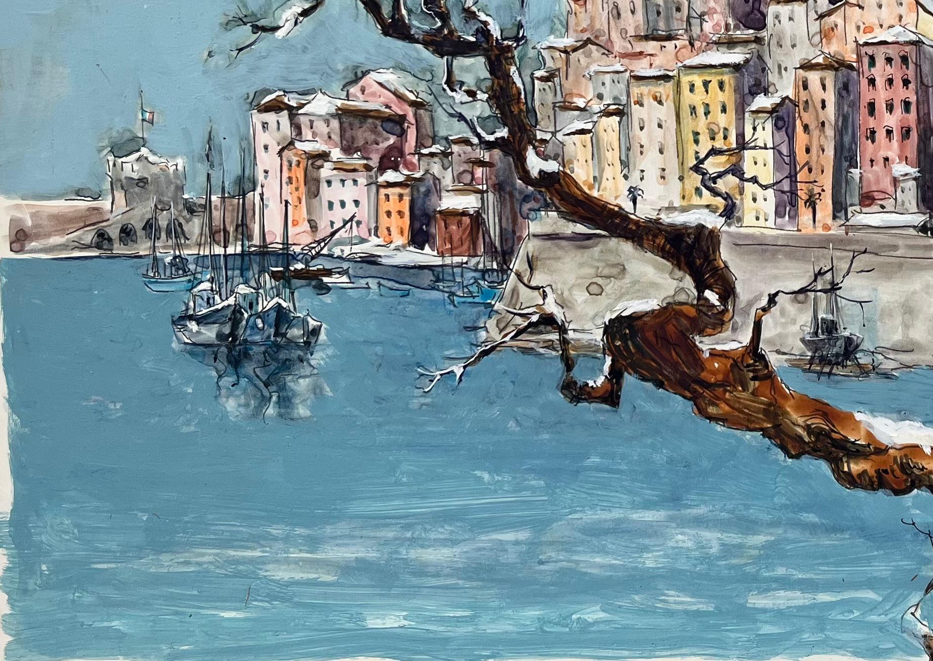 Aquarelle française d'un paysage urbain côtier avec des arbres et des bateaux dénudés en vente 1