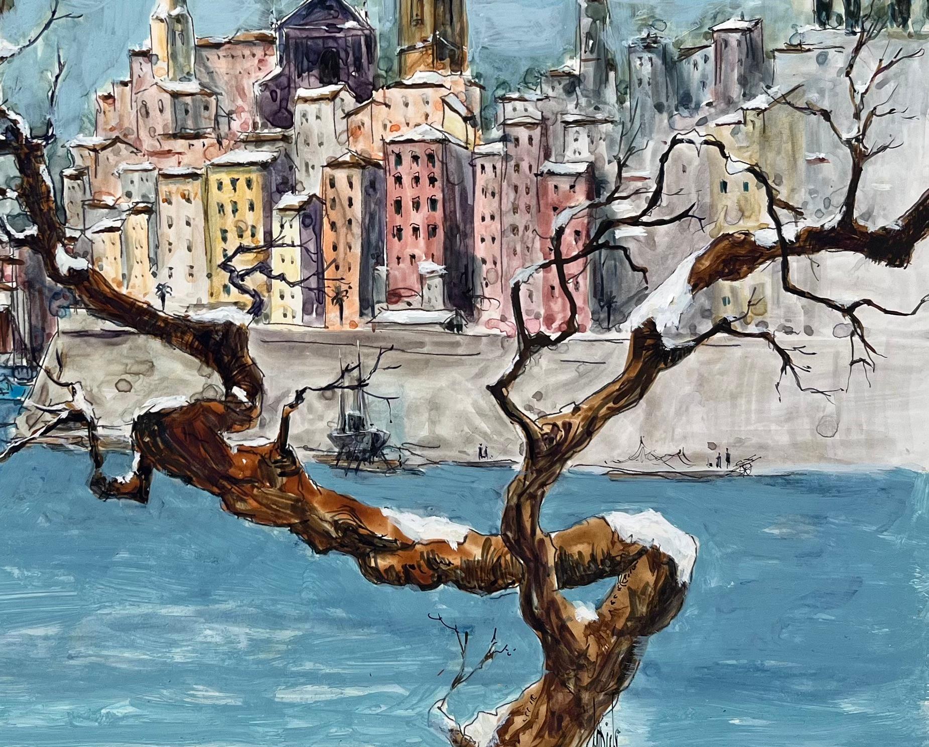 Aquarelle française d'un paysage urbain côtier avec des arbres et des bateaux dénudés - Bleu Landscape Painting par Robert Lepine (1929 - 2017)