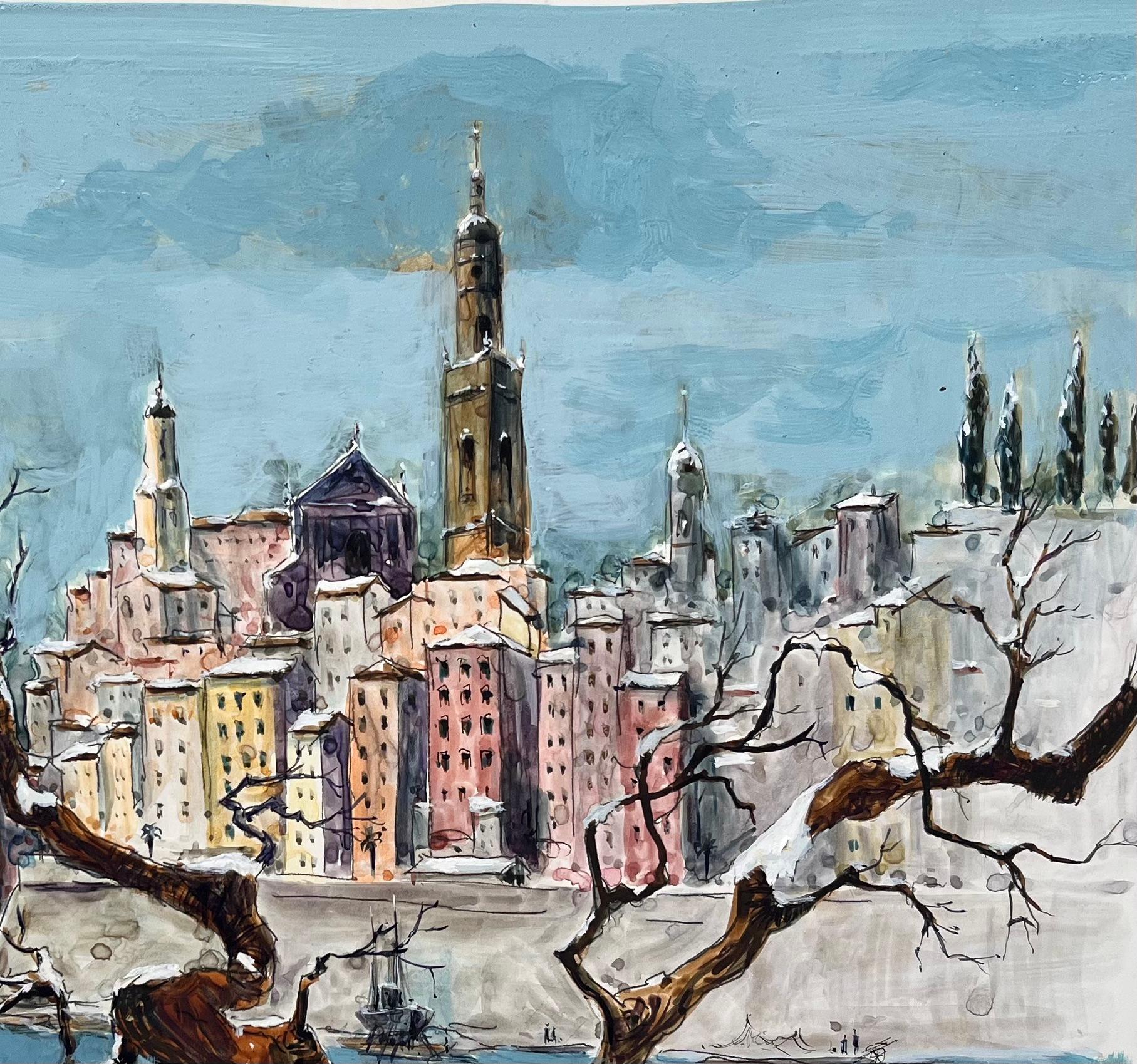Titre : Aquarelle française d'un paysage côtier avec un arbre dénudé et des bateaux
par Robert Lepine (français, 1929 - 2017)
Signé : Oui
Support : Peinture acrylique sur papier d'artiste, montée sur carton
Taille : 12,75 x 18,25 (hauteur x