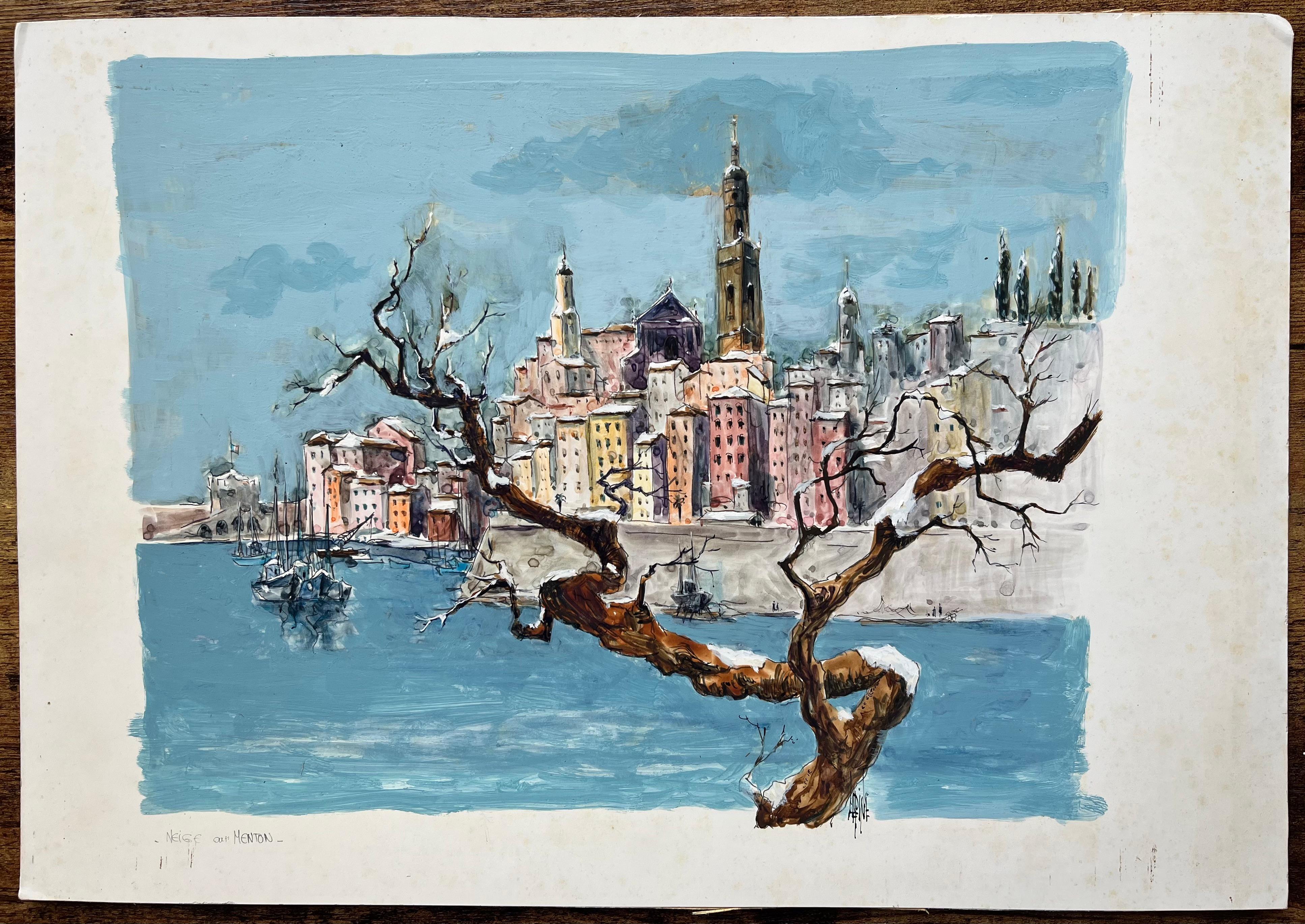 Aquarelle française d'un paysage urbain côtier avec des arbres et des bateaux dénudés - Painting de Robert Lepine (1929 - 2017)