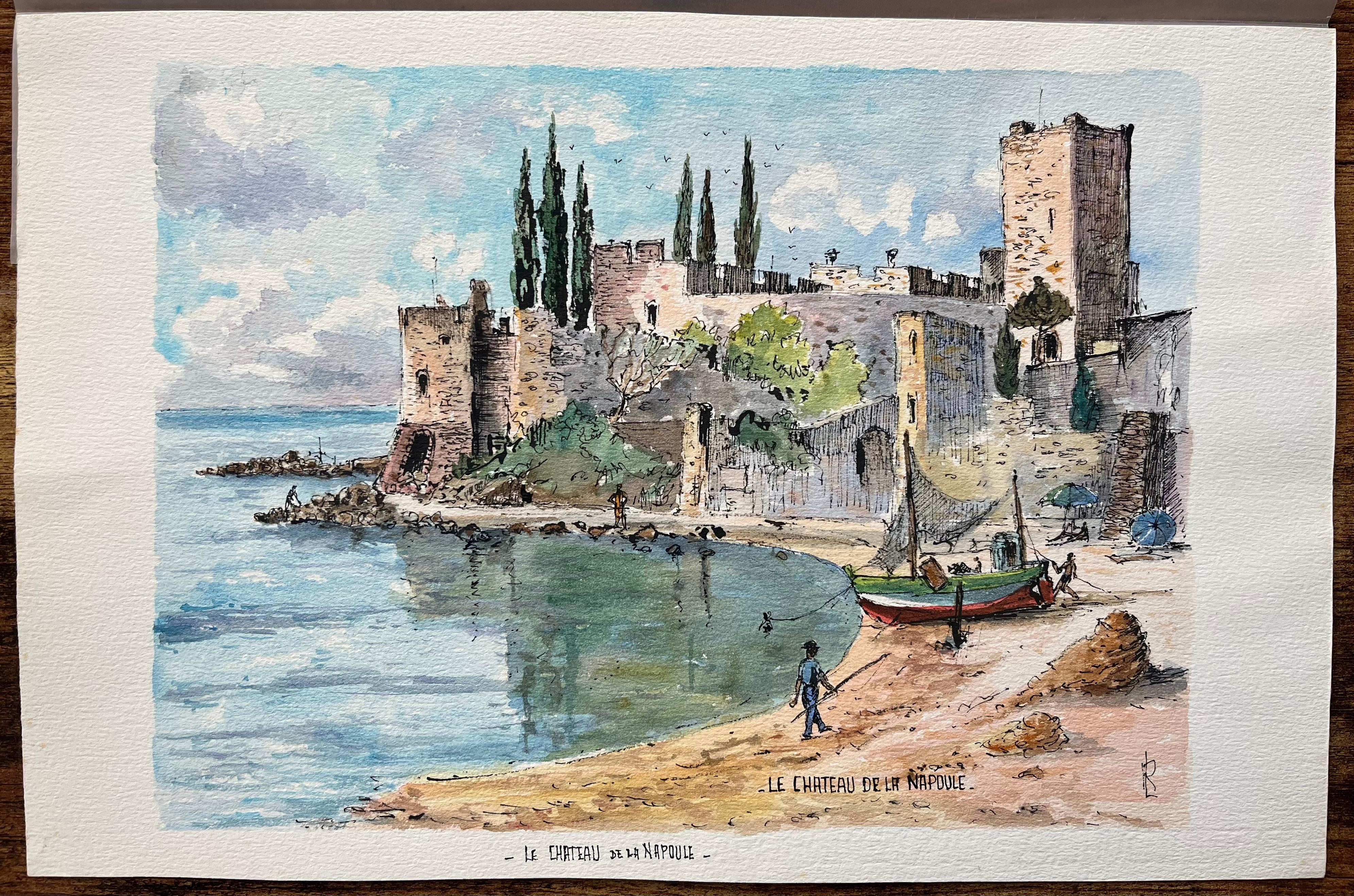 Französisches Aquarell von Le Château de la Napoule mit Küstenszenerie (Französische Schule), Painting, von Robert Lepine (1929 - 2017)