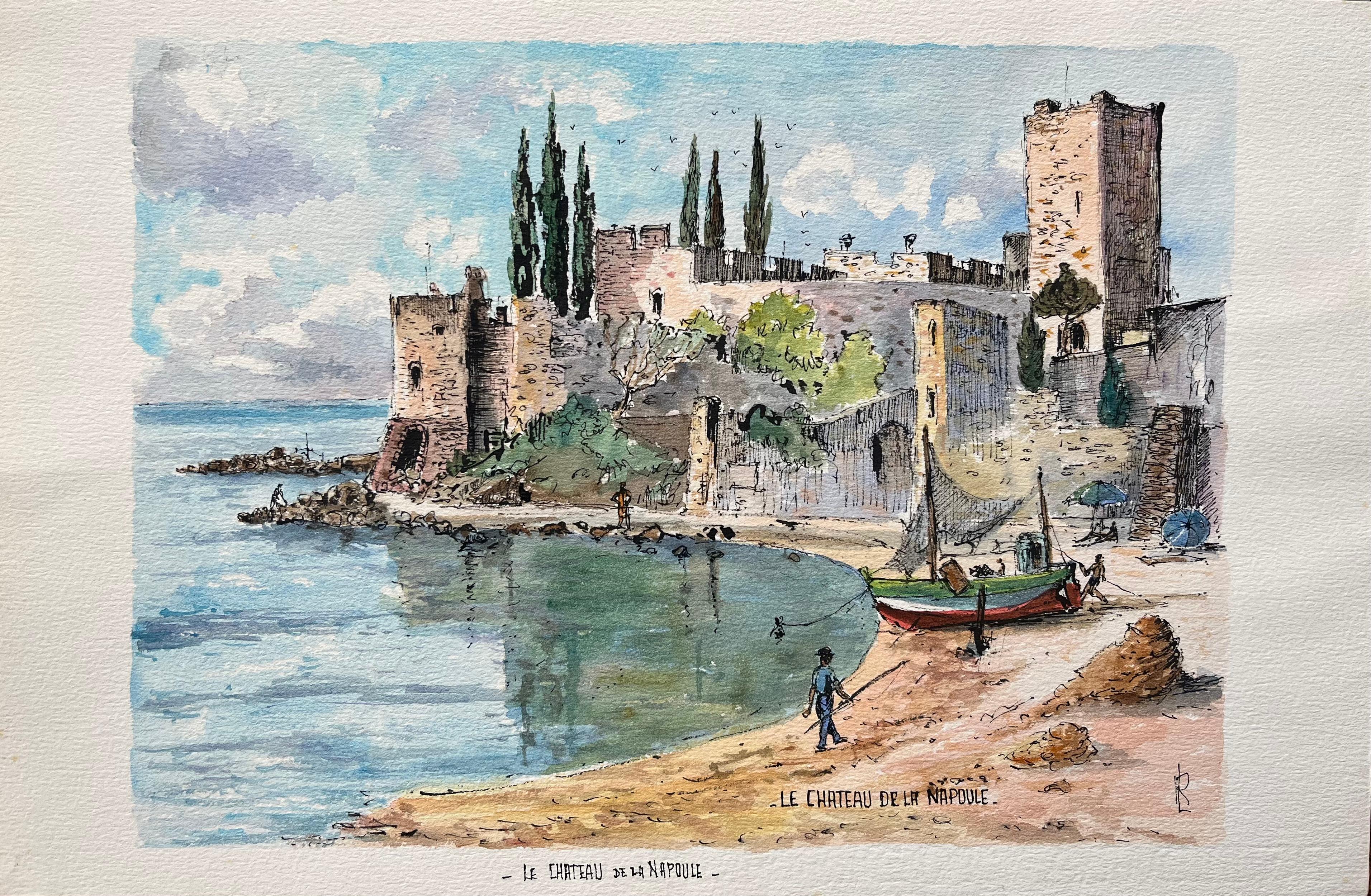 Französisches Aquarell von Le Château de la Napoule mit Küstenszenerie – Painting von Robert Lepine (1929 - 2017)