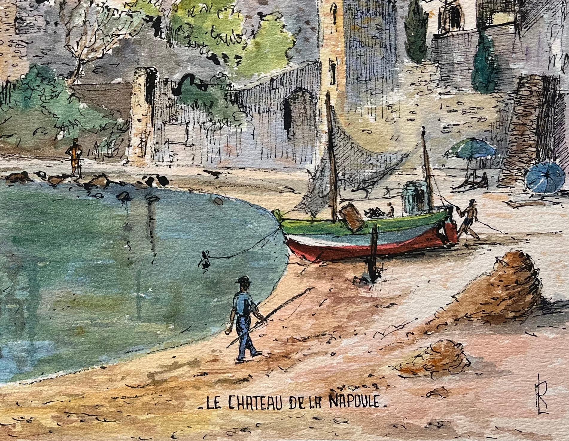 Französisches Aquarell von Le Château de la Napoule mit Küstenszenerie (Grau), Landscape Painting, von Robert Lepine (1929 - 2017)