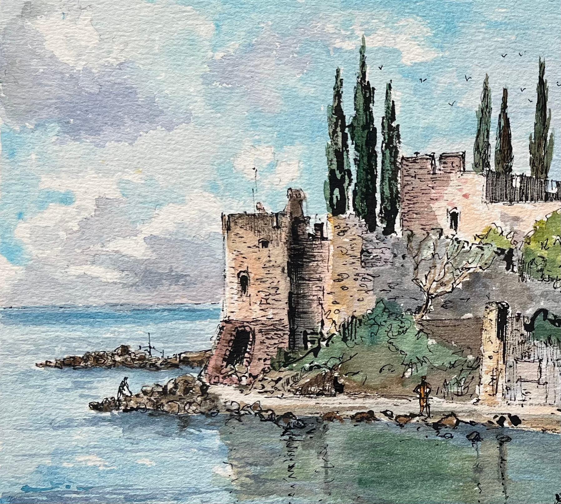Französisches Aquarell von Le Château de la Napoule mit Küstenszenerie im Angebot 1