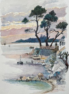 French Watercolor of Sunset on Beaulieu Coastline with Trees and Boats