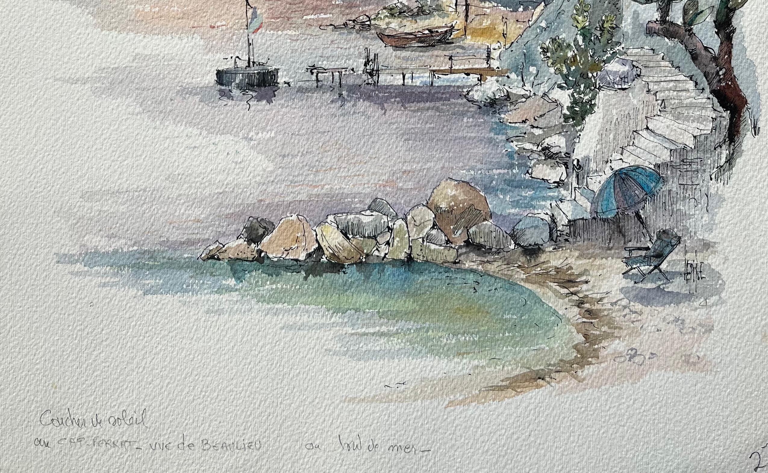 Französisches Aquarell des Sonnenuntergangs an der Küste von Beaulieu mit Bäumen und Booten (Französische Schule), Painting, von Robert Lepine (1929 - 2017)