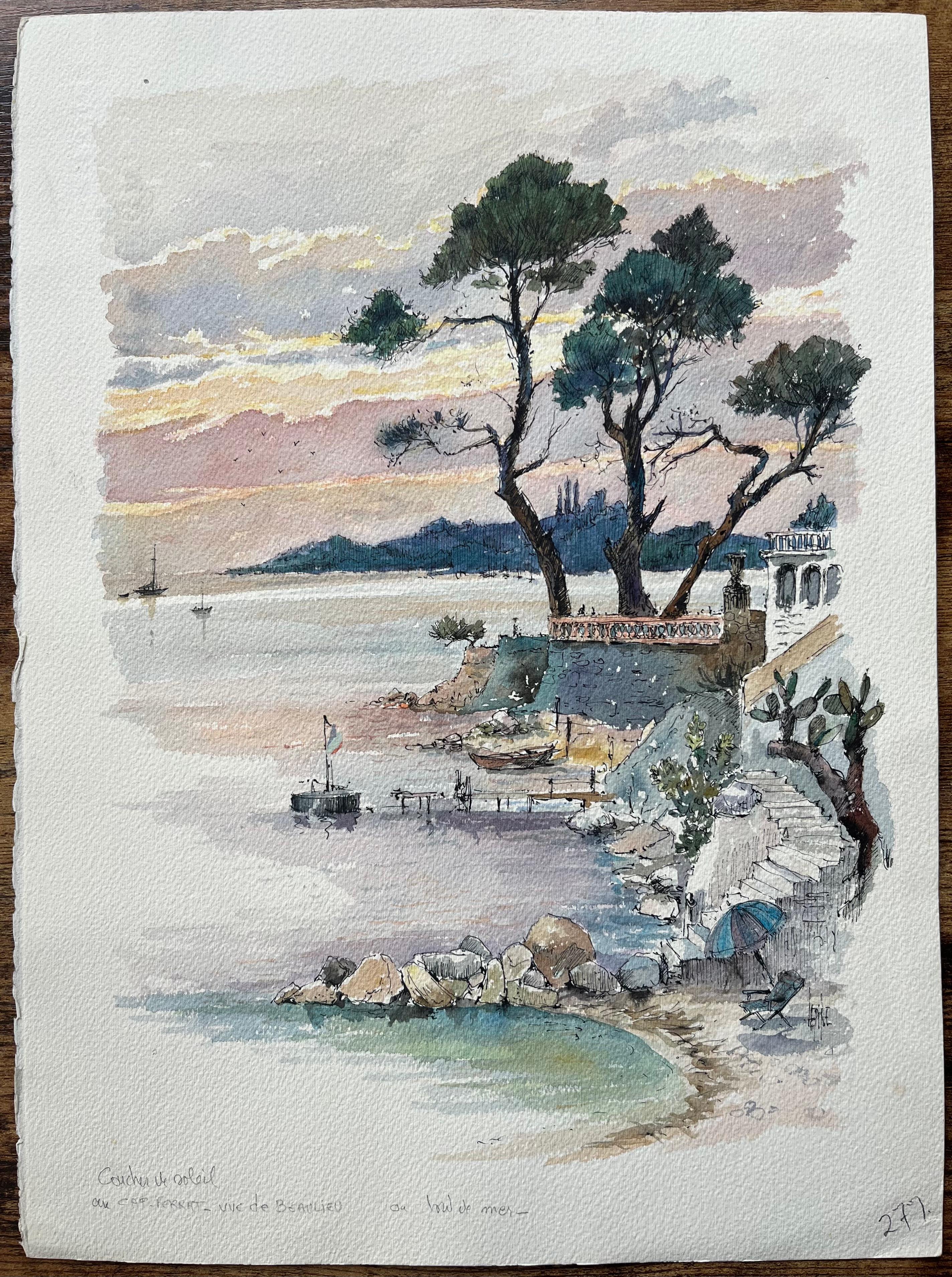 Französisches Aquarell des Sonnenuntergangs an der Küste von Beaulieu mit Bäumen und Booten – Painting von Robert Lepine (1929 - 2017)