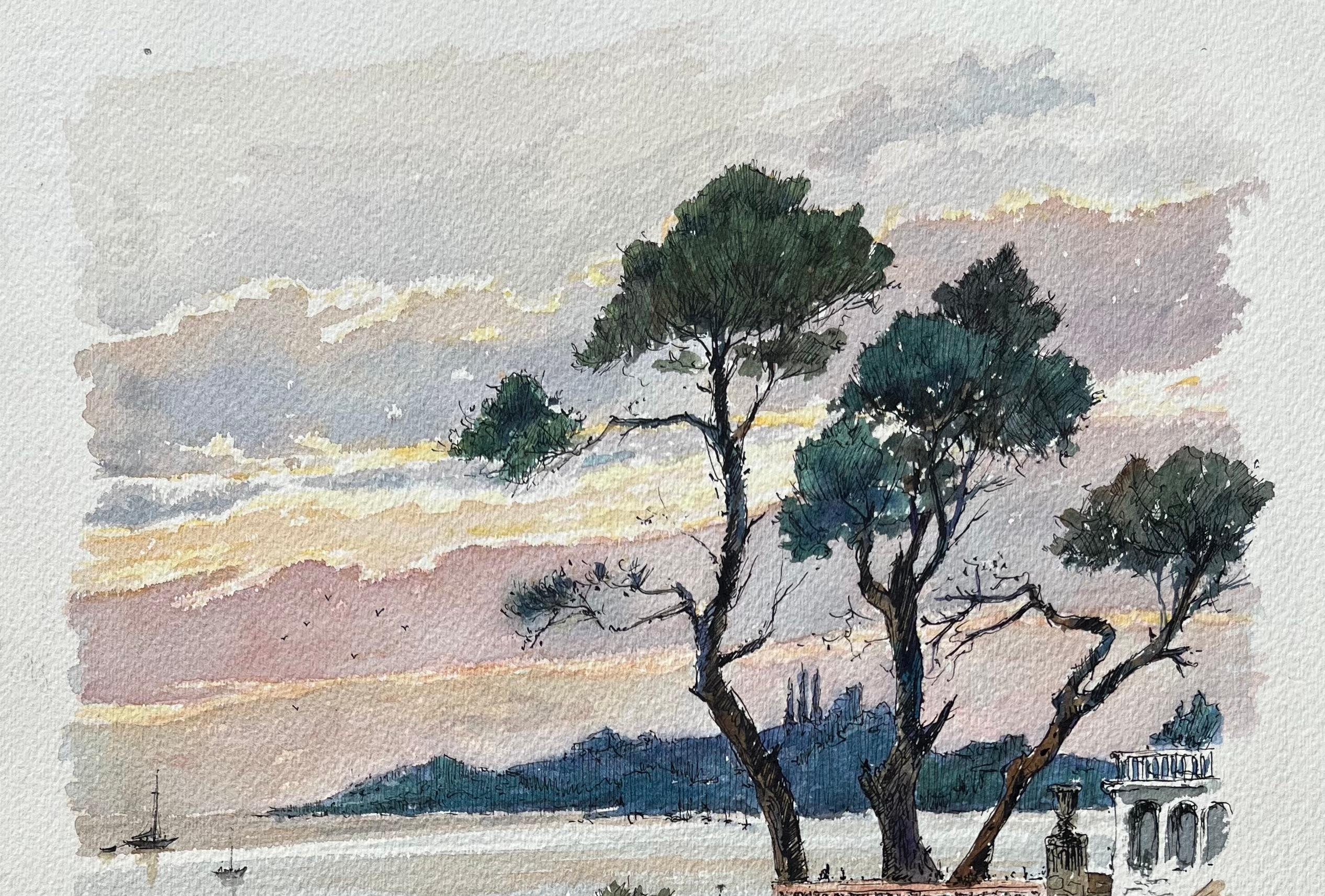 Titel: Französisches Aquarell eines Sonnenuntergangs an der Küste von Beaulieu mit Bäumen und Booten
von Robert Lepine (Franzose, 1929 - 2017)
Unterschrieben: Ja
Medium: Aquarellmalerei auf Künstlerpapier
Größe: 15,25 x 11,25 (Höhe x