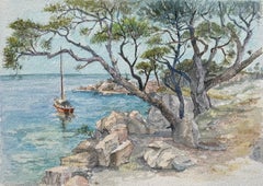 French Watercolor of Coastal Scene with Sailboat and Pine Trees