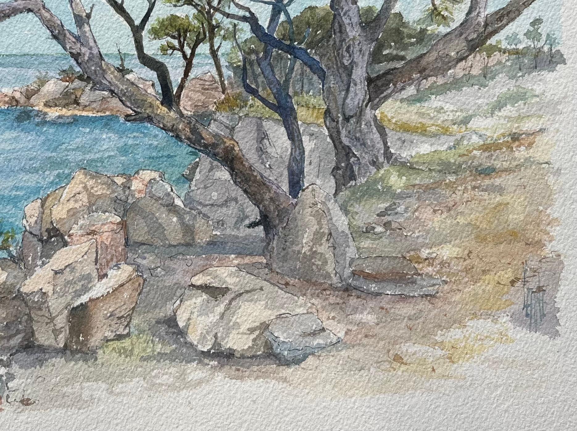 Acquerello francese di scena costiera con barca a vela e alberi di pino - Painting Scuola francese di Robert Lepine (1929 - 2017)