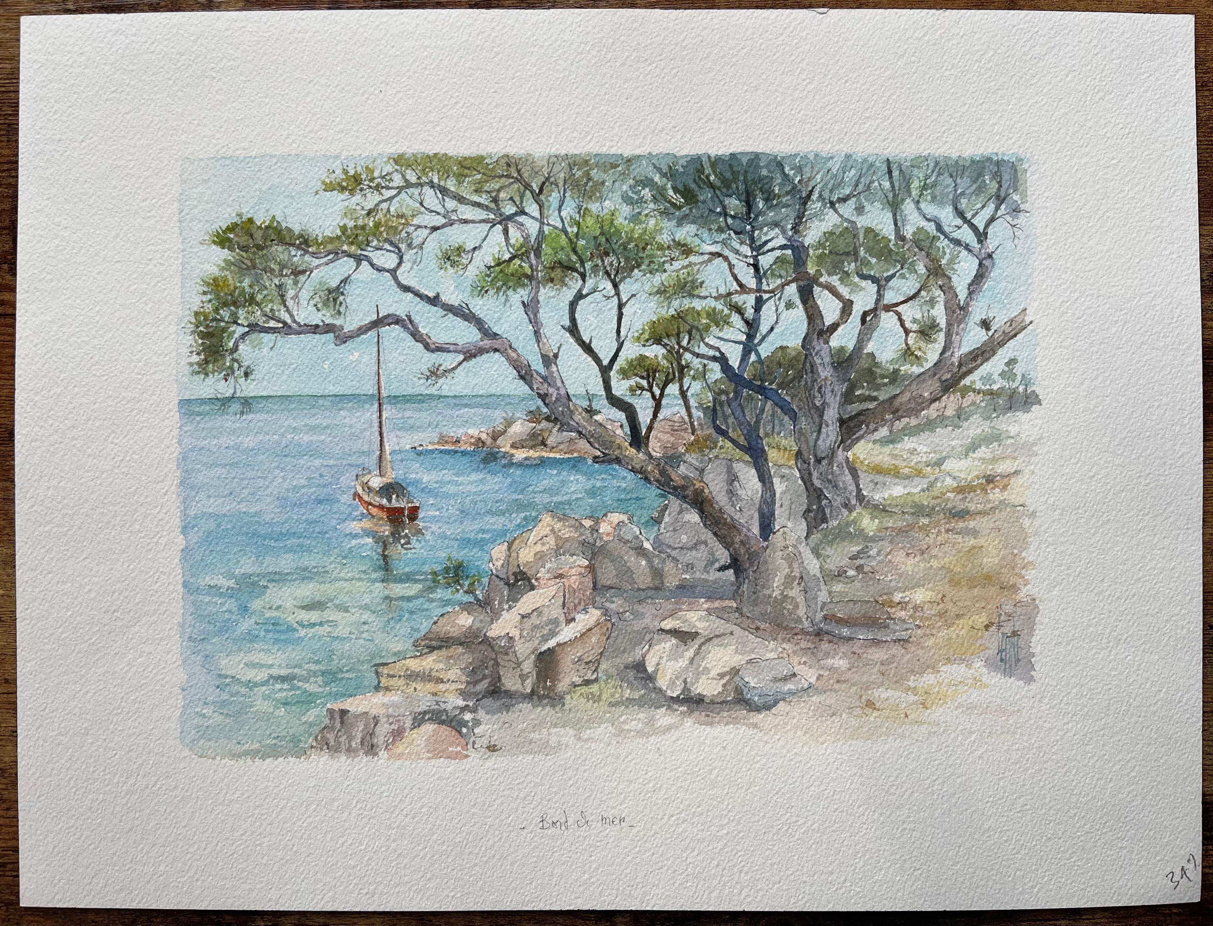 Acquerello francese di scena costiera con barca a vela e alberi di pino - Painting di Robert Lepine (1929 - 2017)