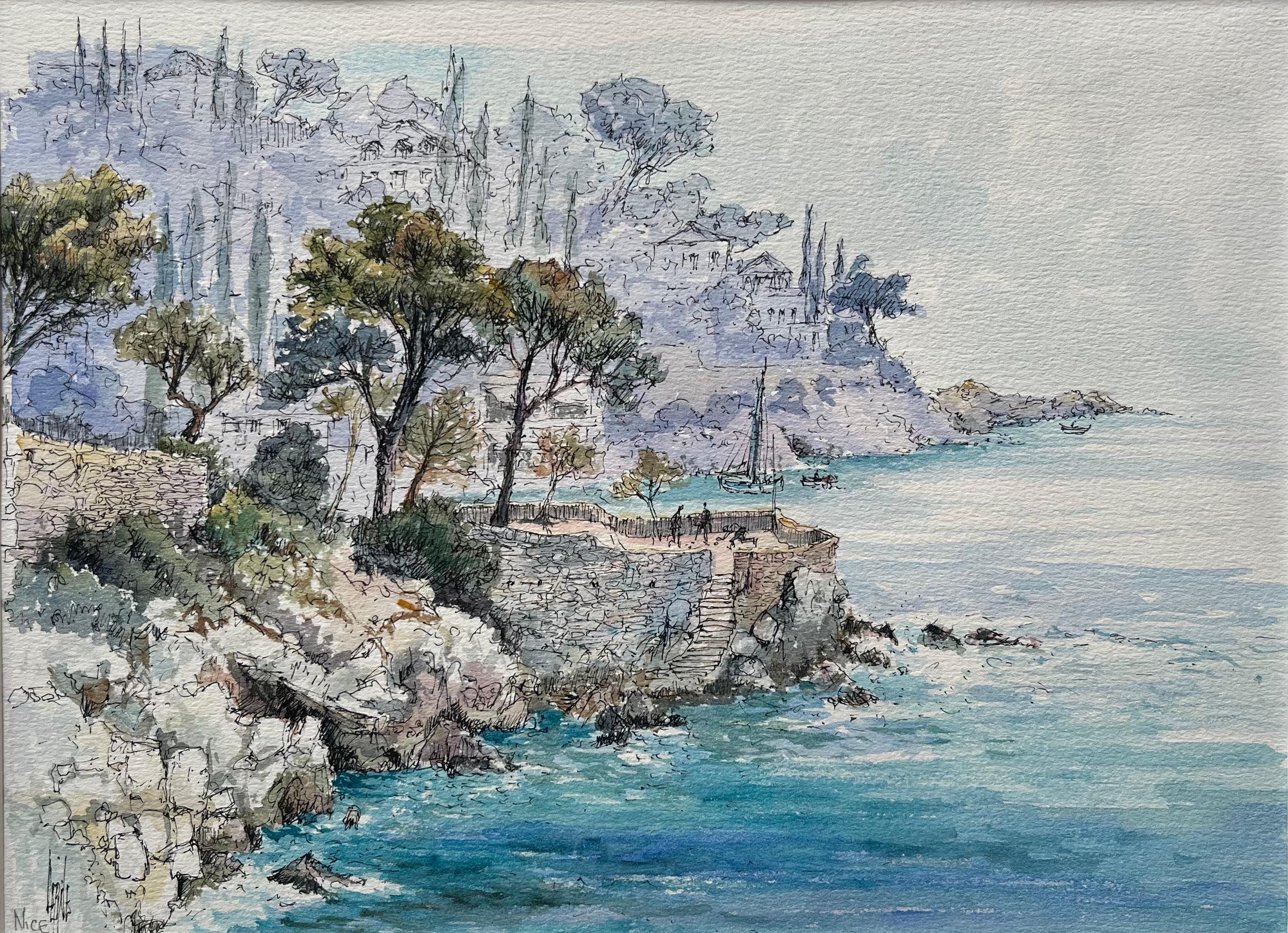 French Watercolor of Coastal Cliffside in Nice with Trees and Sailboat