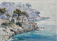 Aquarelle française d'une bordure côtière à Nice avec des arbres et des voiliers