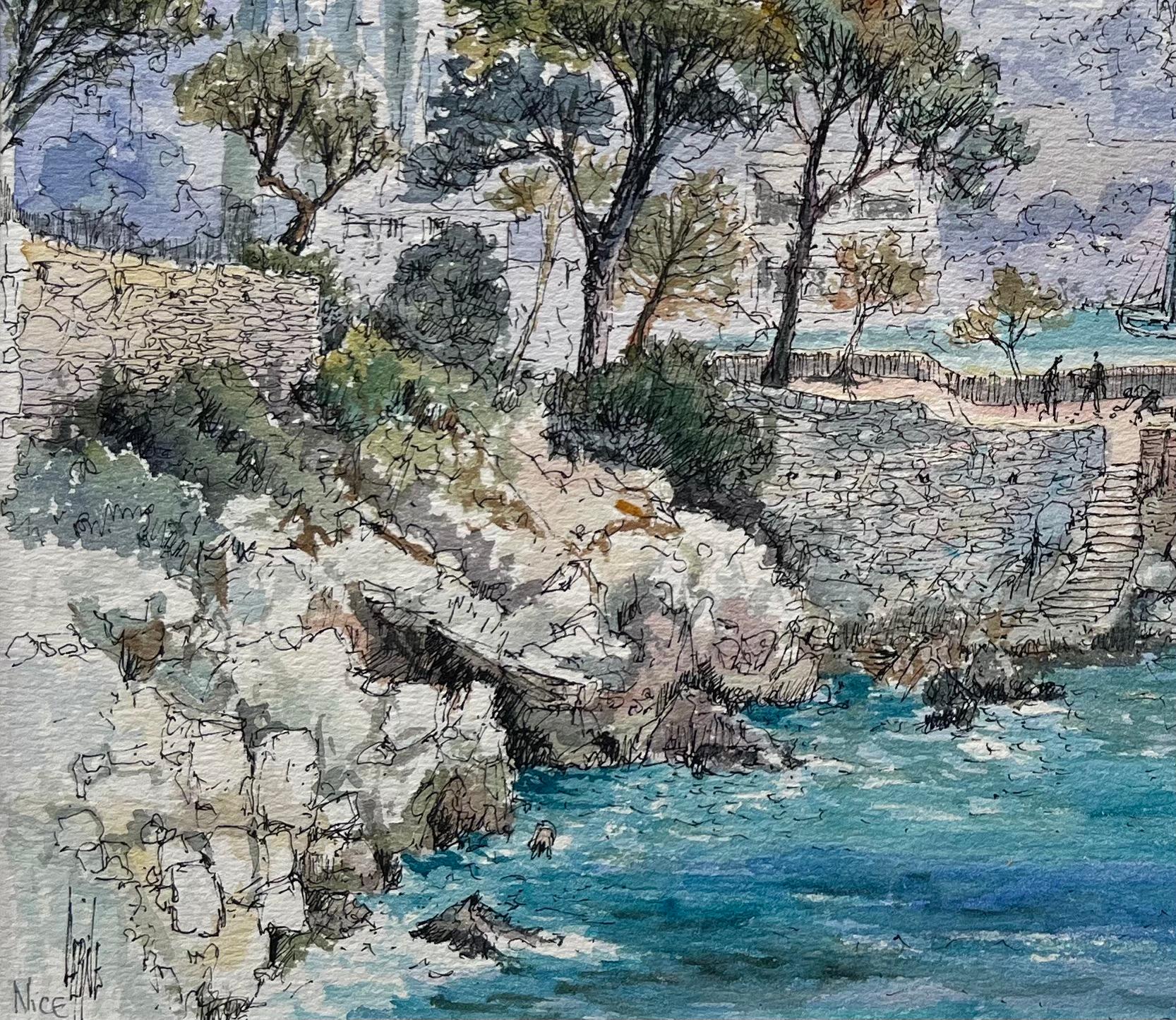 Aquarelle française d'une bordure côtière à Nice avec des arbres et des voiliers - Gris Landscape Art par Robert Lepine (1929 - 2017)