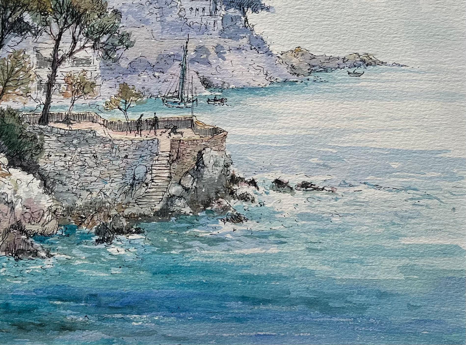 Titre : Aquarelle française d'une falaise côtière à Nice avec des arbres et un voilier
par Robert Lepine (français, 1929 - 2017)
Signé : Oui
Moyen : Aquarelle sur papier d'artiste, montée sur carte
Dimensions : 11,75 x 15,75 (hauteur x largeur)