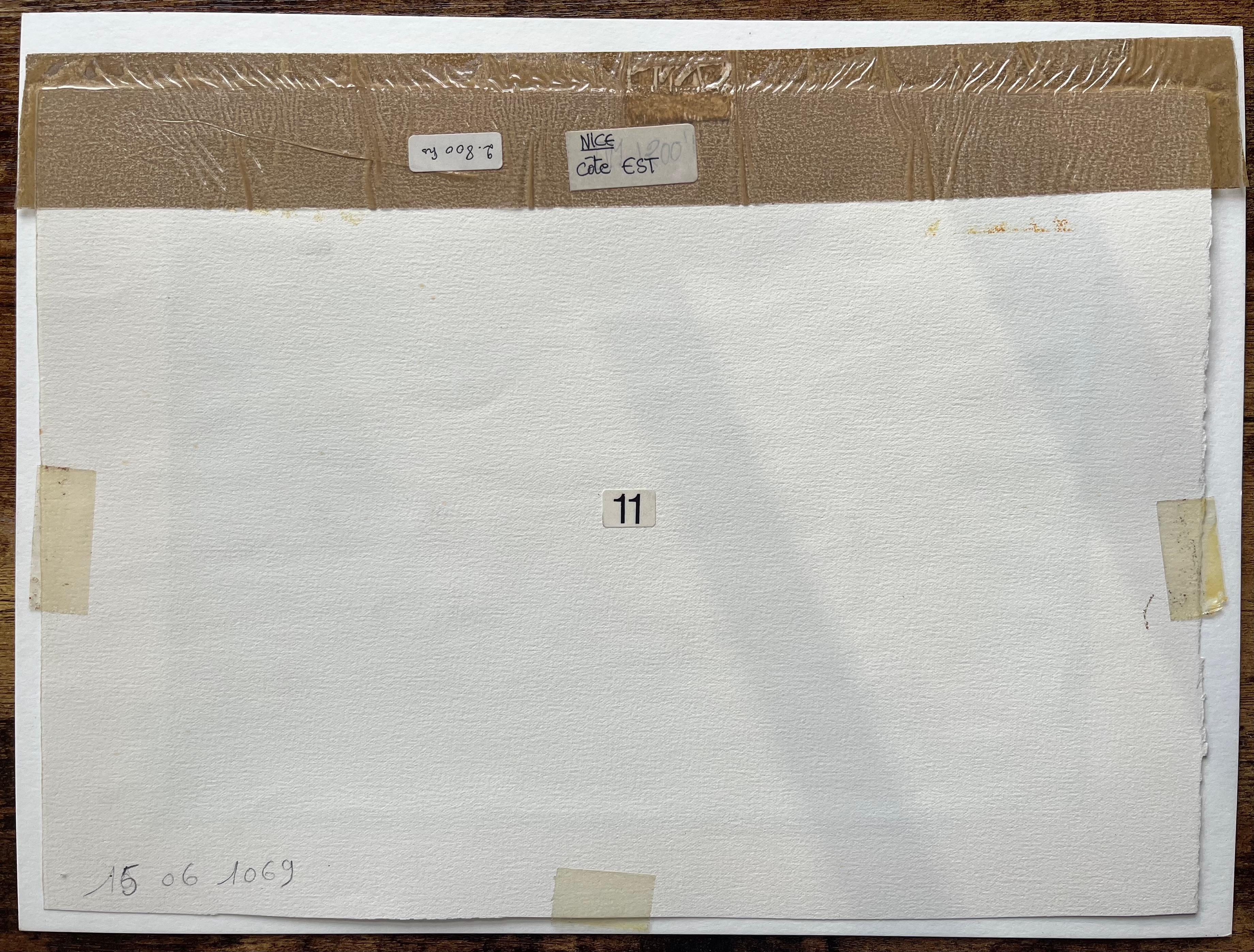 Aquarelle française d'une bordure côtière à Nice avec des arbres et des voiliers en vente 2