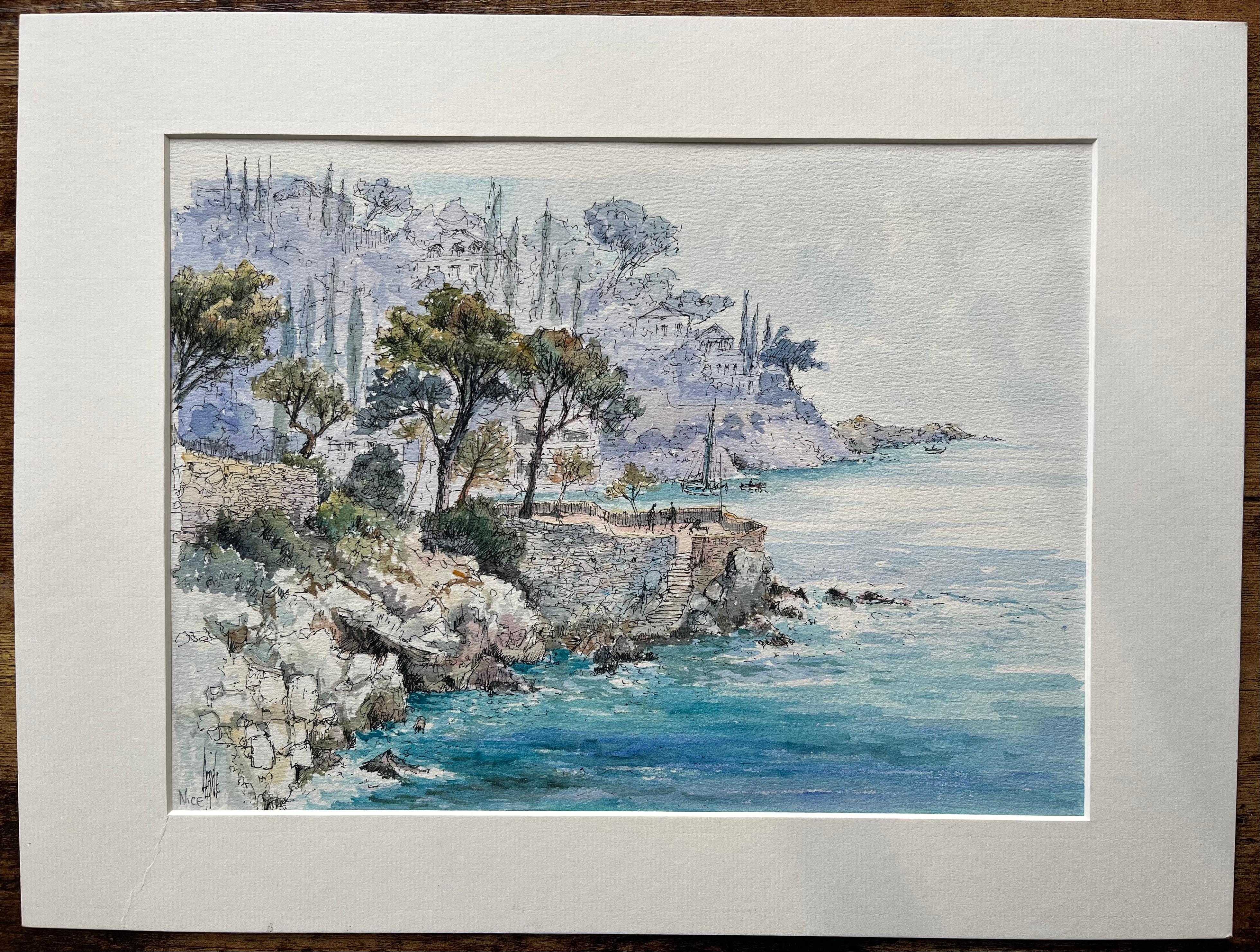 Aquarelle française d'une bordure côtière à Nice avec des arbres et des voiliers - Art de Robert Lepine (1929 - 2017)