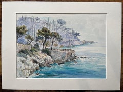 French Watercolor of Coastal Cliffside in Nice with Trees and Sailboat