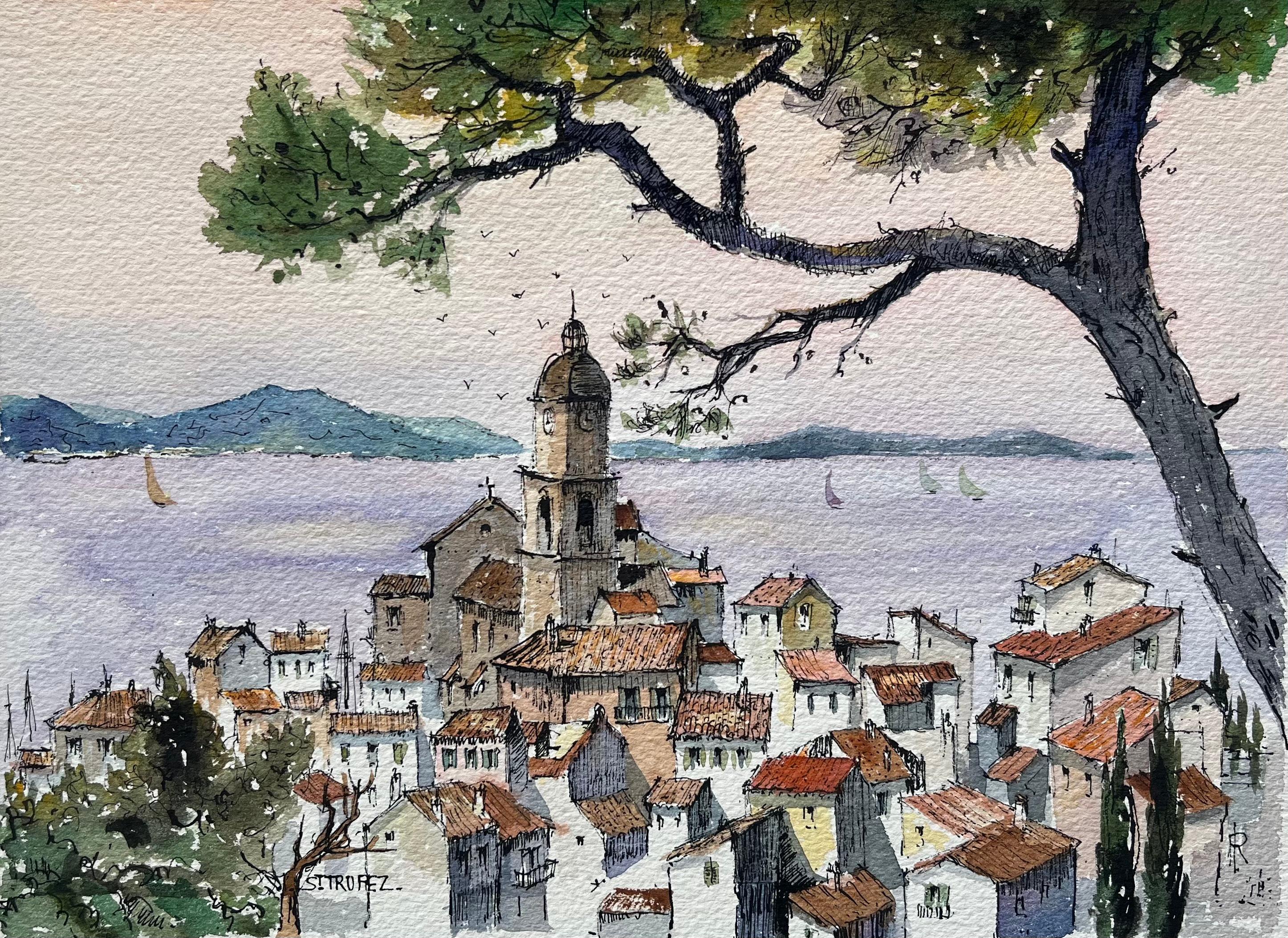 Acuarela francesa del horizonte de St. Tropez con campanario y vista al mar