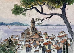French Watercolor of St. Tropez Skyline with Bell Tower and Sea View
