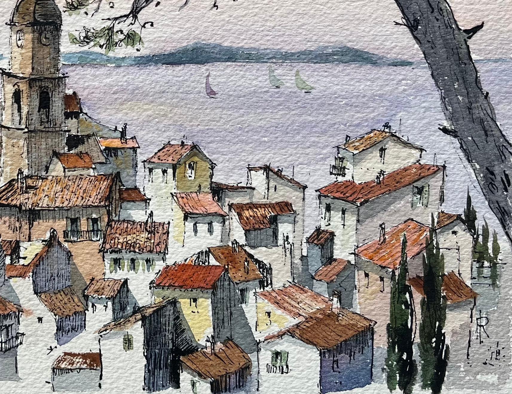 Französisches Aquarell der St. Tropez-Galerie mit Glockenturm und Meeresansicht, Französisch (Französische Schule), Painting, von Robert Lepine (1929 - 2017)
