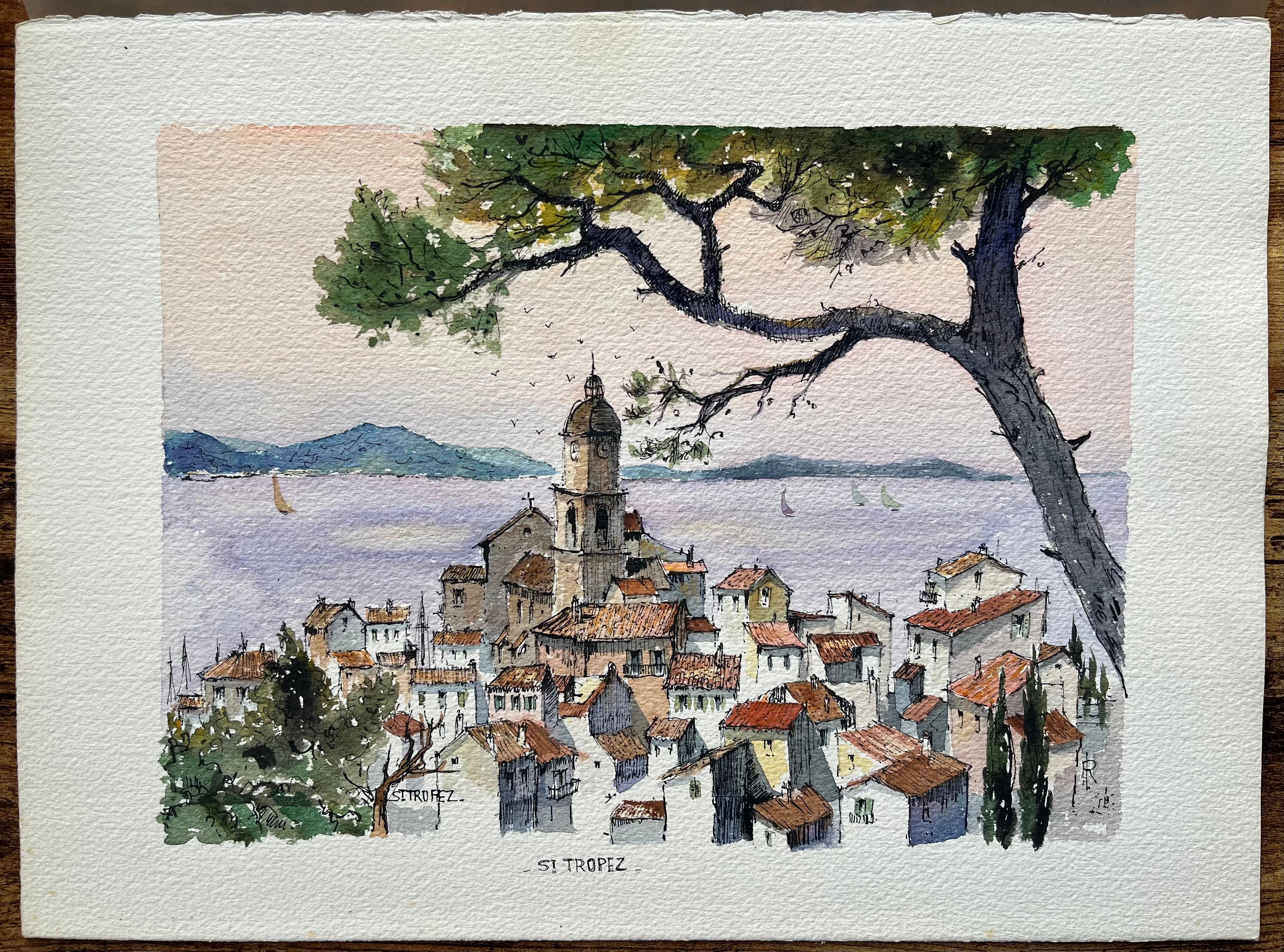 Französisches Aquarell der St. Tropez-Galerie mit Glockenturm und Meeresansicht, Französisch – Painting von Robert Lepine (1929 - 2017)