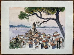 French Watercolor of St. Tropez Skyline with Bell Tower and Sea View