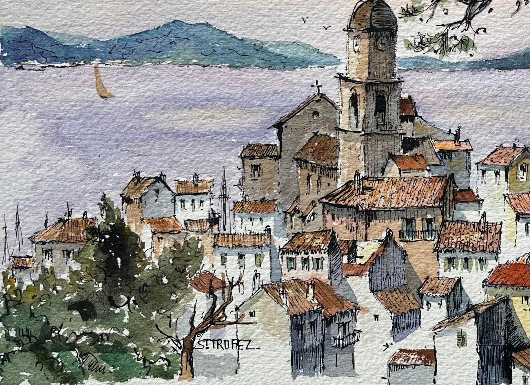 Französisches Aquarell der St. Tropez-Galerie mit Glockenturm und Meeresansicht, Französisch (Grau), Landscape Painting, von Robert Lepine (1929 - 2017)