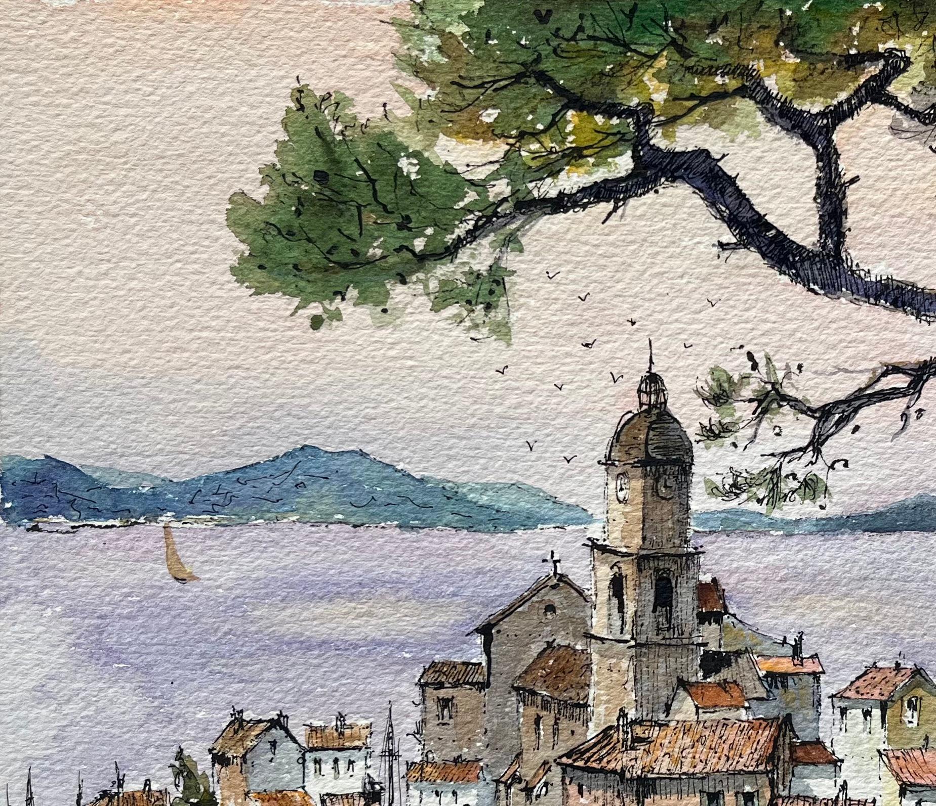 Titel: Französisches Aquarell der Skyline von St. Tropez mit Glockenturm und Meerblick
von Robert Lepine (Franzose, 1929 - 2017)
Unterschrieben: Ja
Medium: Aquarellmalerei auf Künstlerpapier
Größe: 11,25 x 15,25 (Höhe x Breite)
Provenienz: Aus der