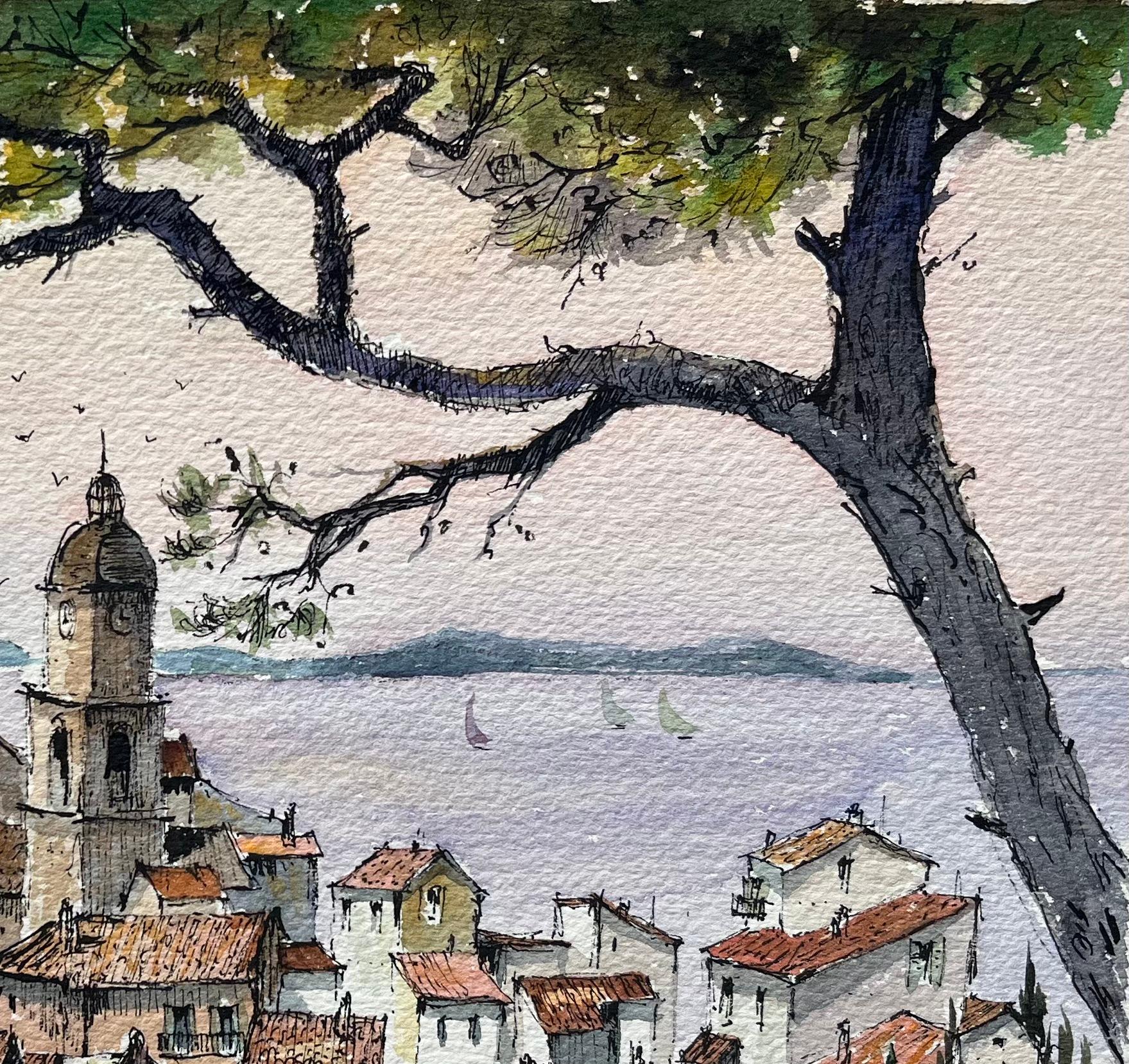 Französisches Aquarell der St. Tropez-Galerie mit Glockenturm und Meeresansicht, Französisch im Angebot 1
