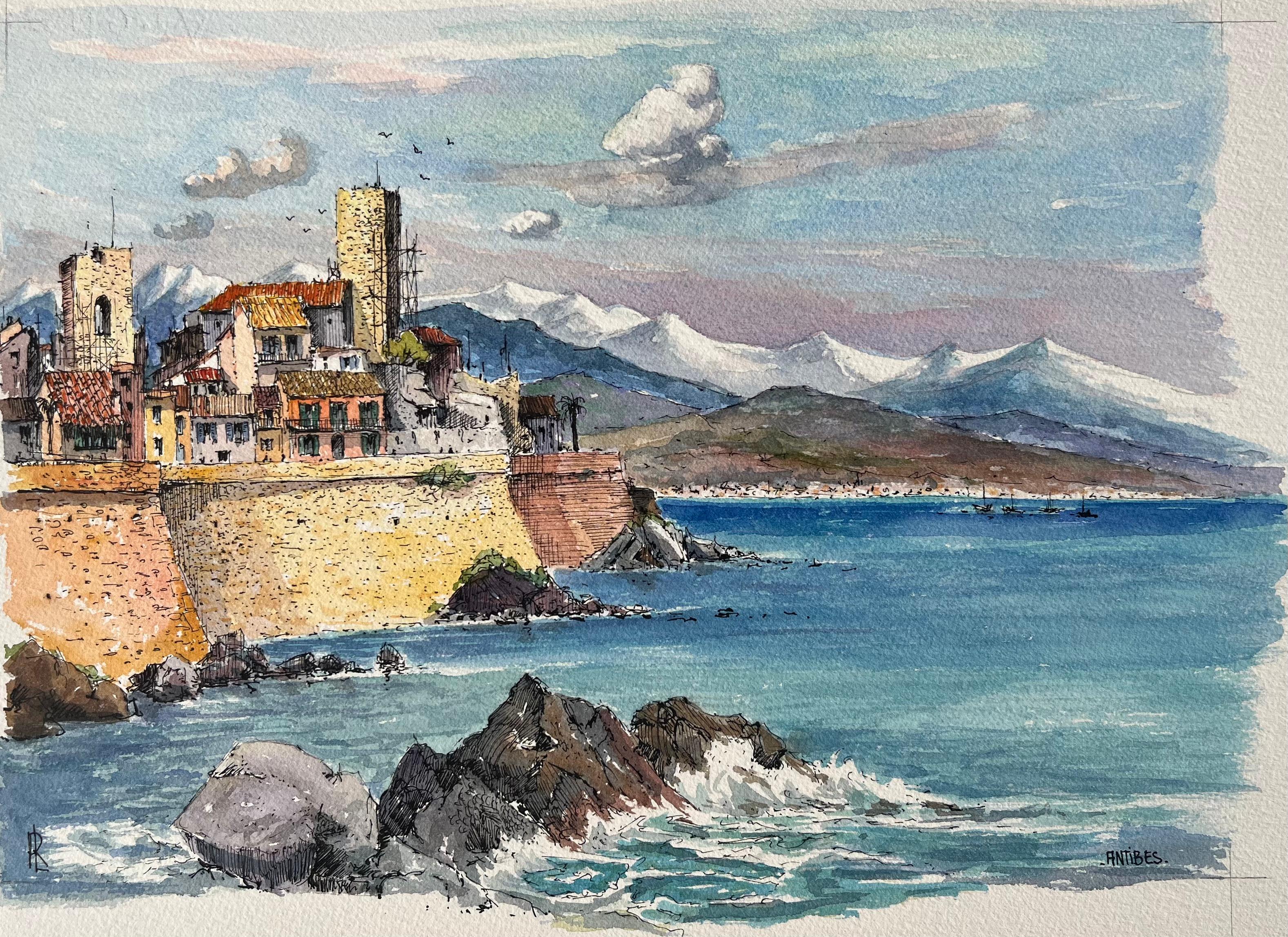 Acuarela francesa de la costa de Antibes con murallas y montañas