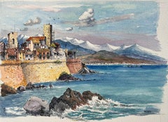 Acuarela francesa de la costa de Antibes con murallas y montañas