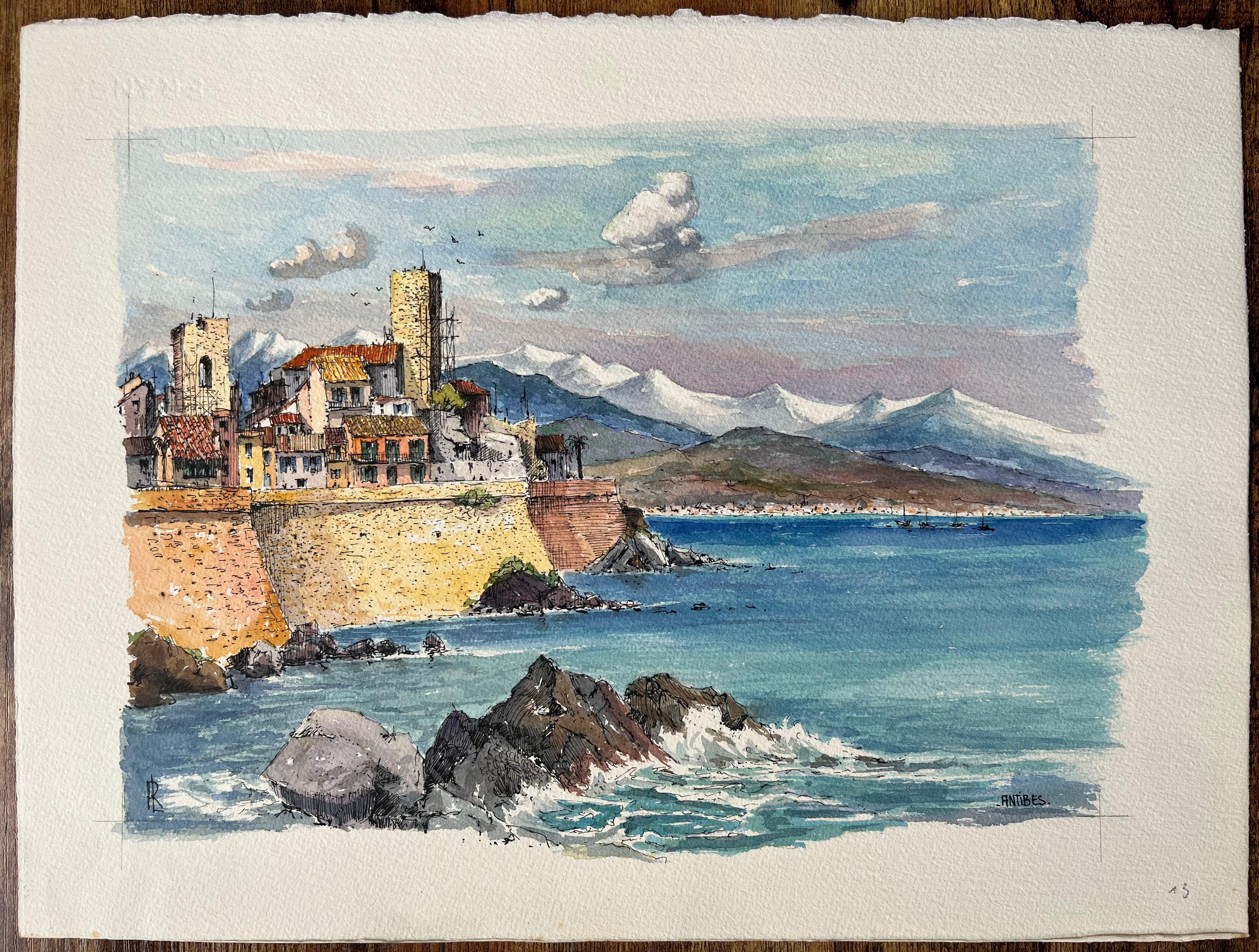 Acuarela francesa de la costa de Antibes con murallas y montañas - Art de Robert Lepine (1929 - 2017)