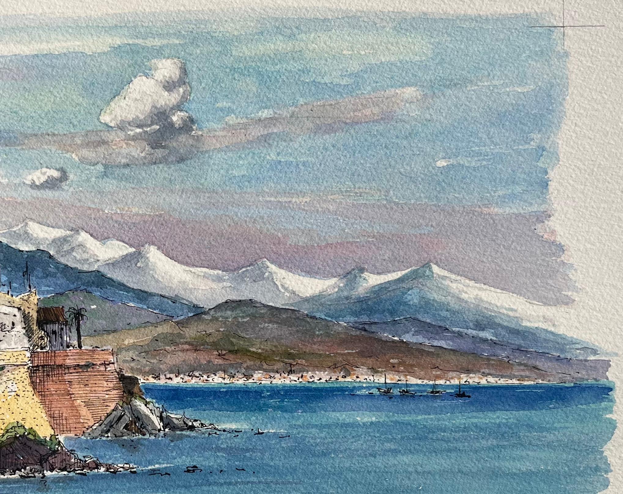 Acuarela francesa de la costa de Antibes con murallas y montañas - Art Escuela francesa de Robert Lepine (1929 - 2017)