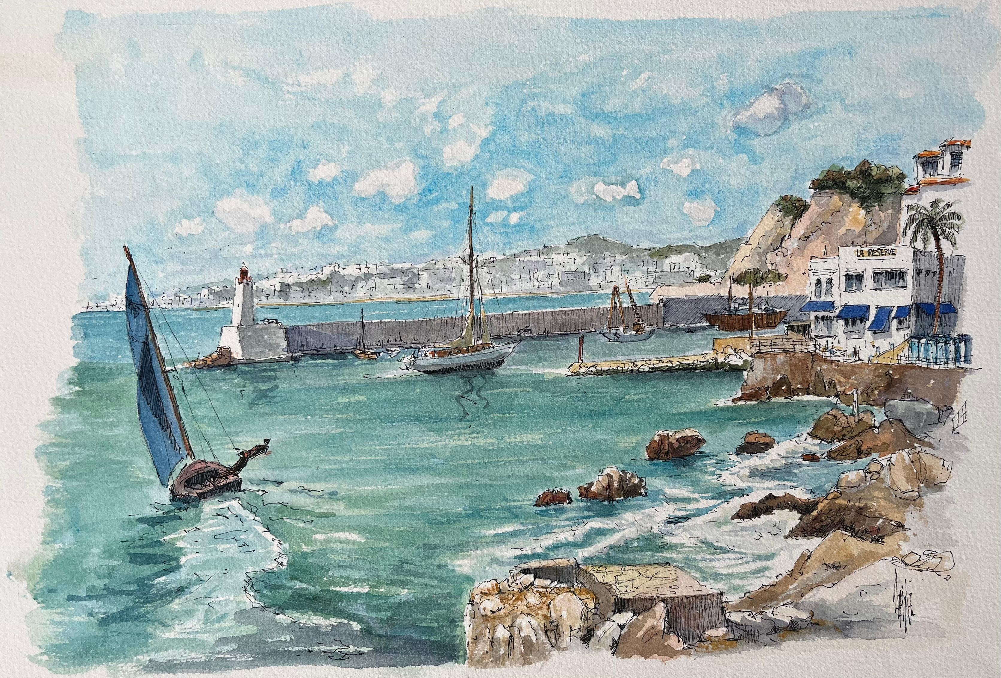 French Watercolor of Nice Port with Sailboats and Coastal Architecture