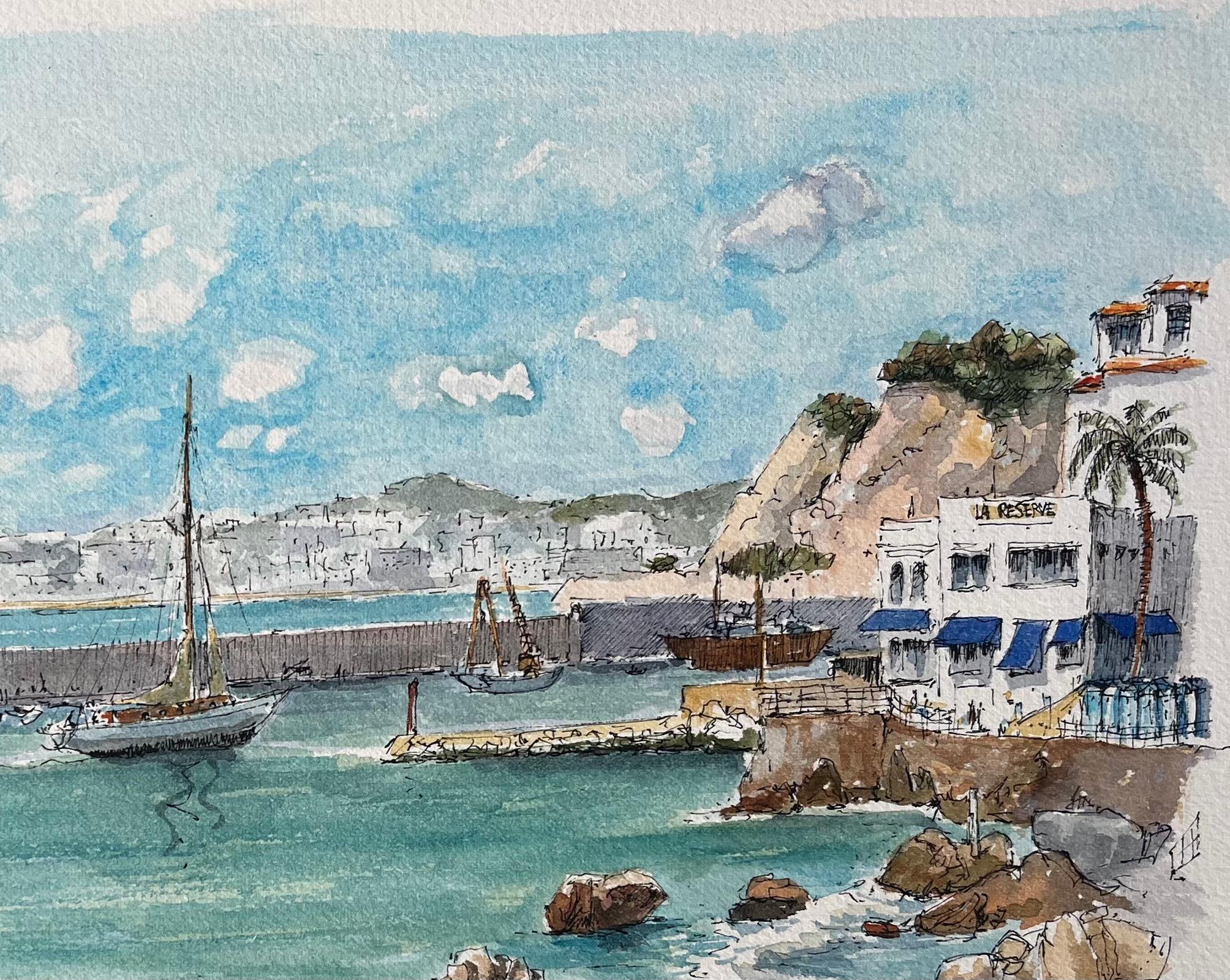 Acuarela francesa del puerto de Niza con veleros y arquitectura costera - Art Escuela francesa de Robert Lepine (1929 - 2017)