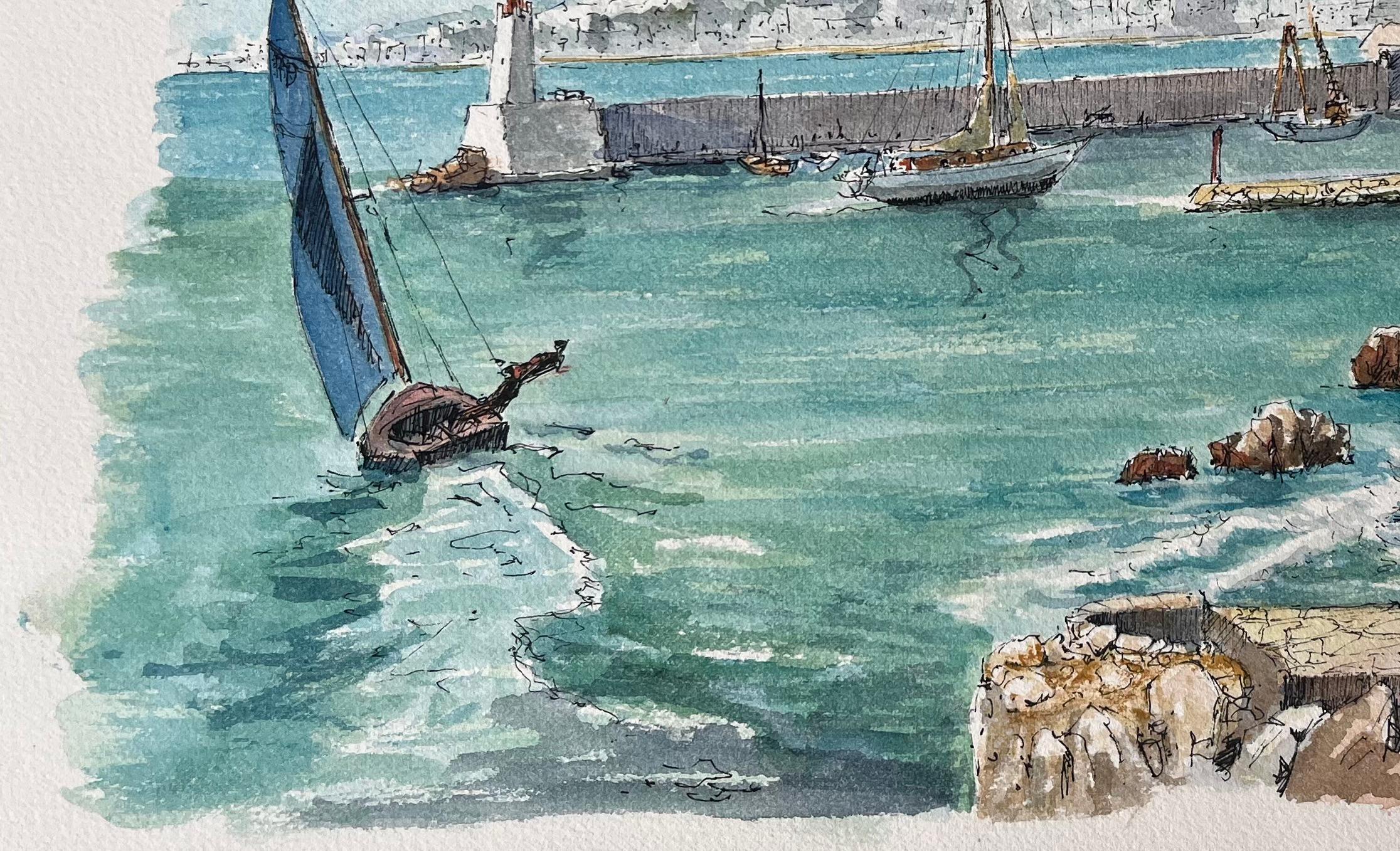 Acuarela francesa del puerto de Niza con veleros y arquitectura costera en venta 1