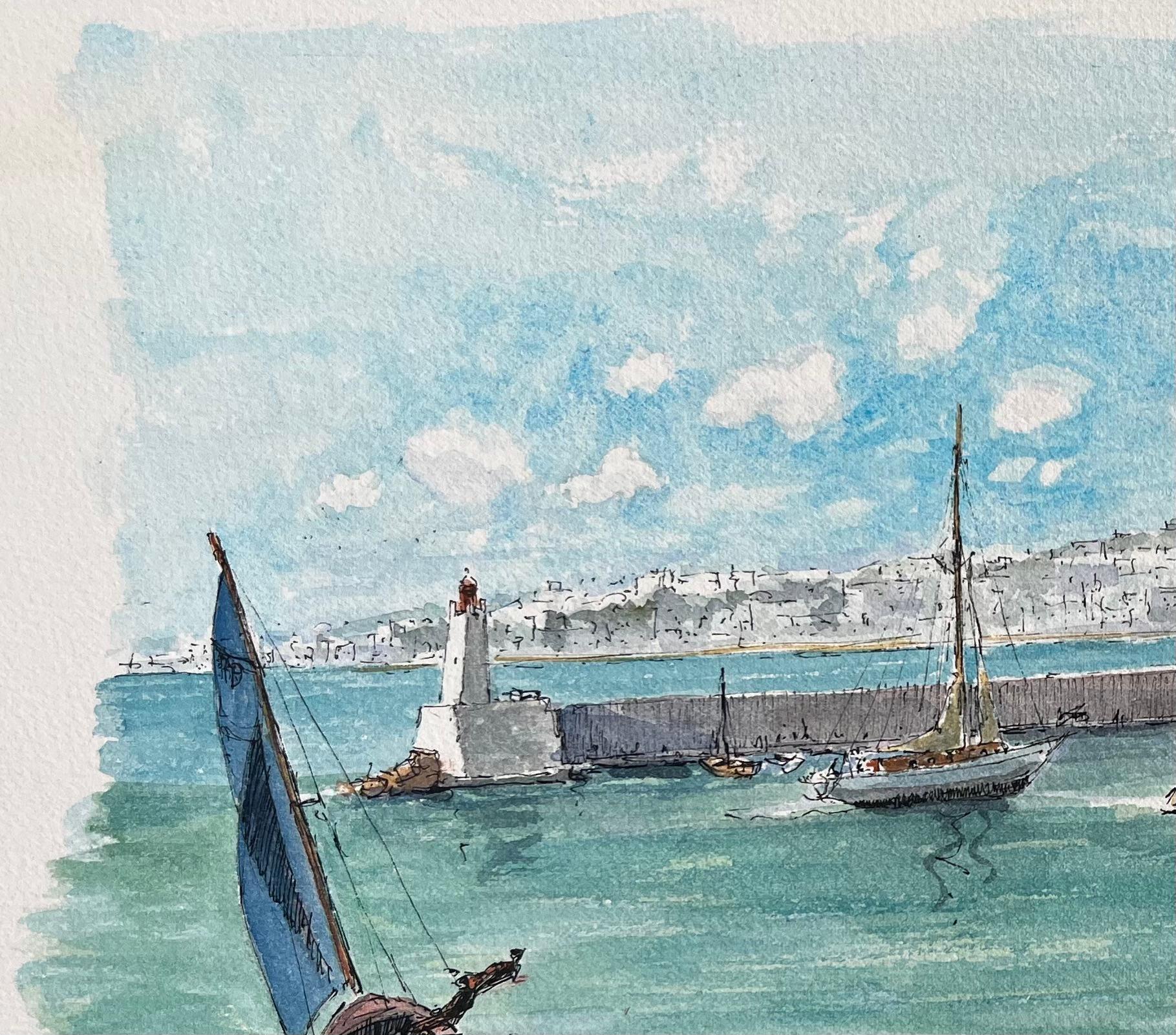Acuarela francesa del puerto de Niza con veleros y arquitectura costera - Landscape Art Gris de Robert Lepine (1929 - 2017)