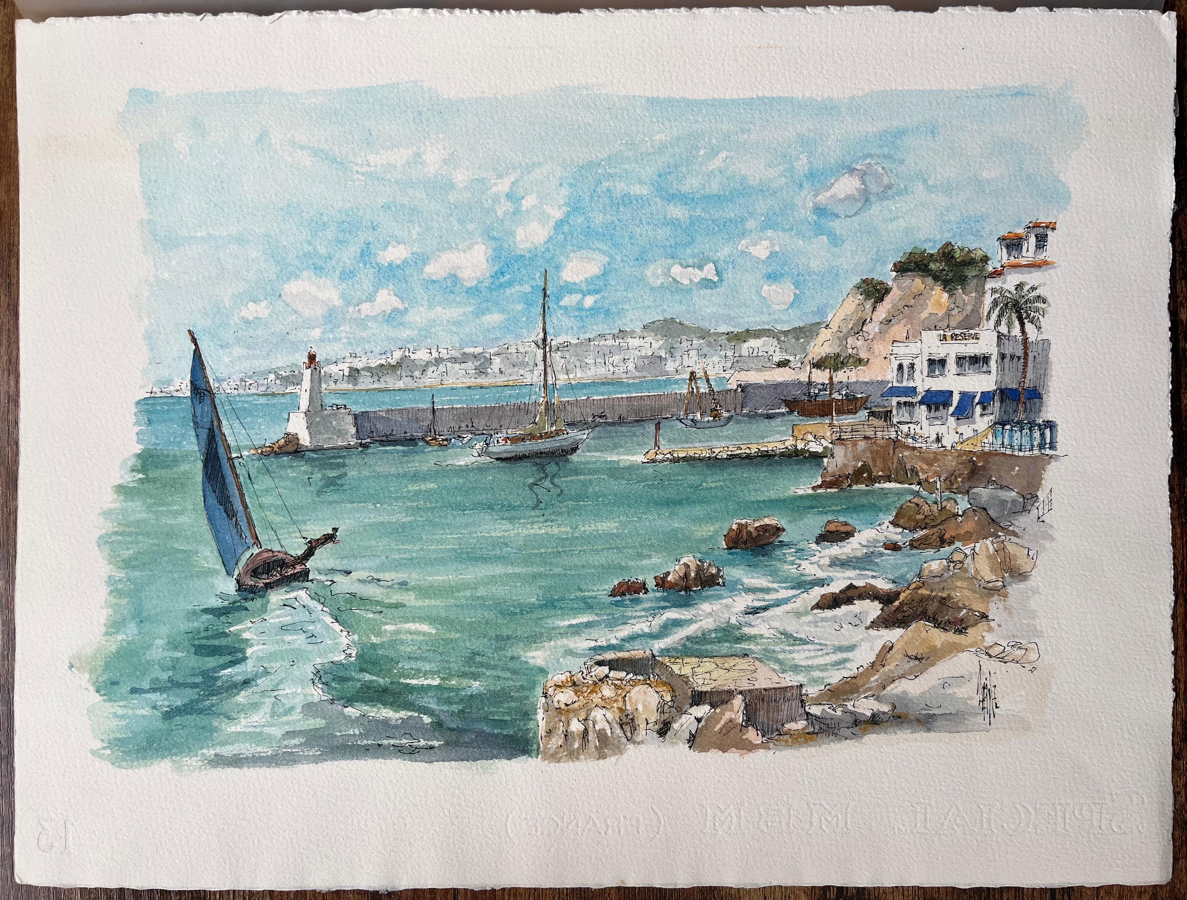 Acuarela francesa del puerto de Niza con veleros y arquitectura costera - Art de Robert Lepine (1929 - 2017)