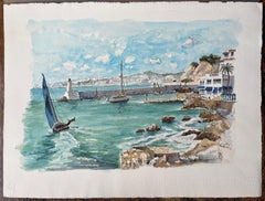 Aquarelle française du port de Nice avec voiliers et architecture côtière