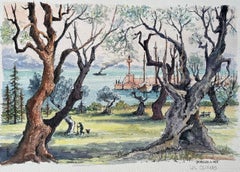 French Watercolor of Beaulieu-sur-Mer with Olive Trees and Harbor View